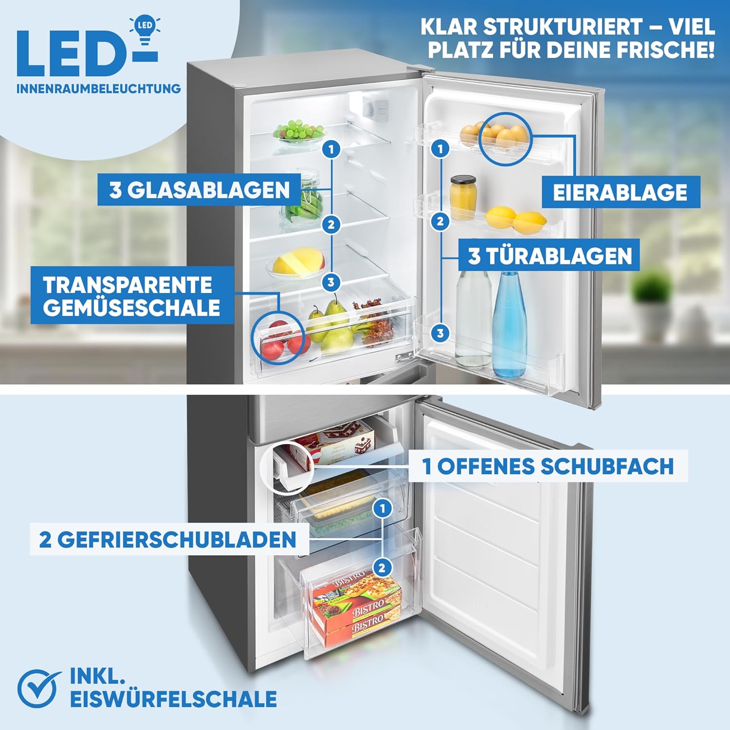Bomann Kühlschrank mit Gefrierfach 143cm hoch | Kühl Gefrierkombination 173L mit 3 Ablagen & 3 Schubladen | Türanschlag wechselbar | leise Kühlgefrierkombi 40db | Kühlschrank KG 7359 inox – Bild 11