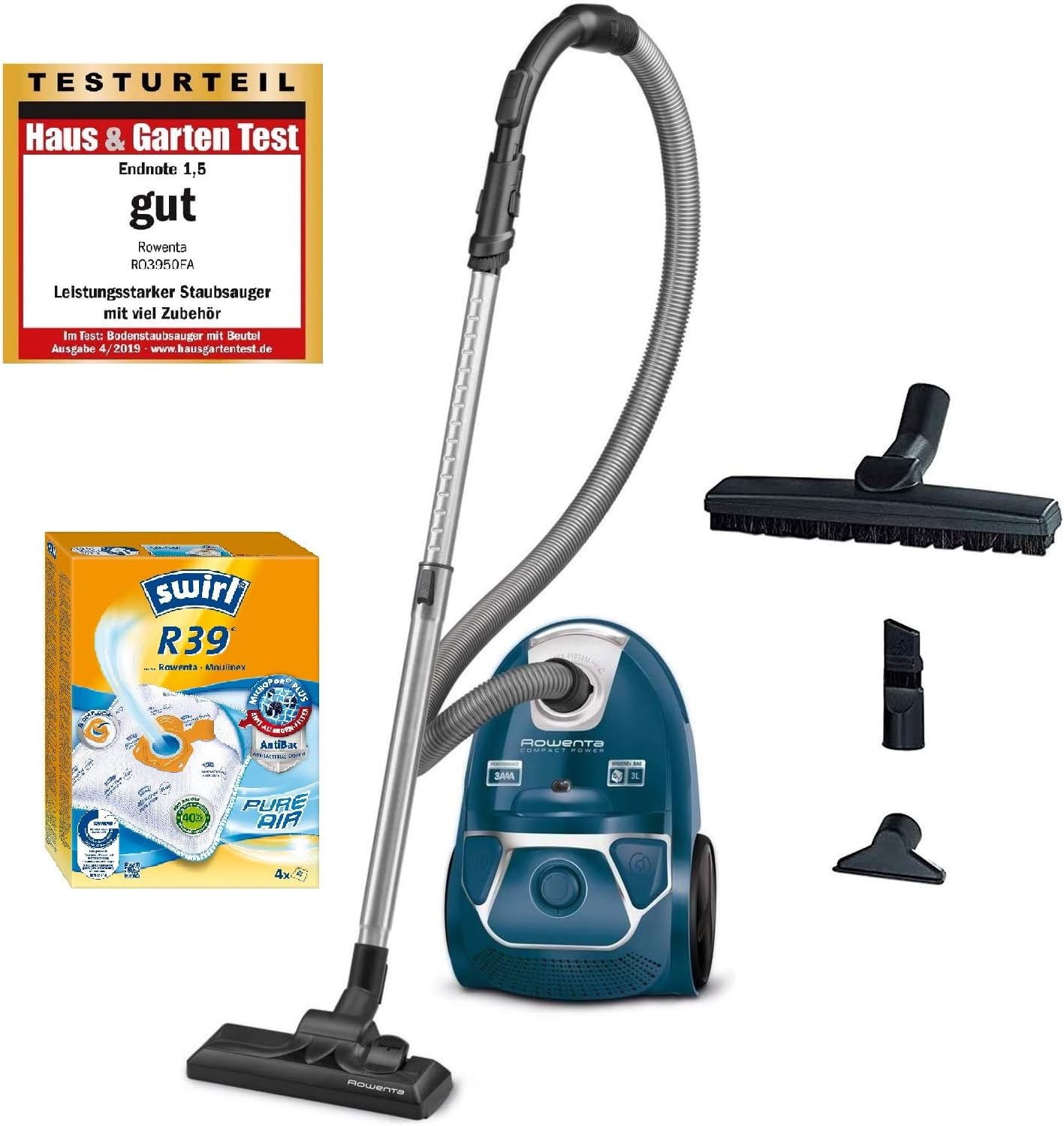 Rowenta RO3950 Staubsauger mit Beutel + 4er Pack Swirl R 39 Staubsaugerbeutel für Dauerhaft hohe Saugleistung, 3L Beutelvolumen, 750 W = 2000W, extrem leise, Hygienefilter, mit Parkettdüse – Bild 5