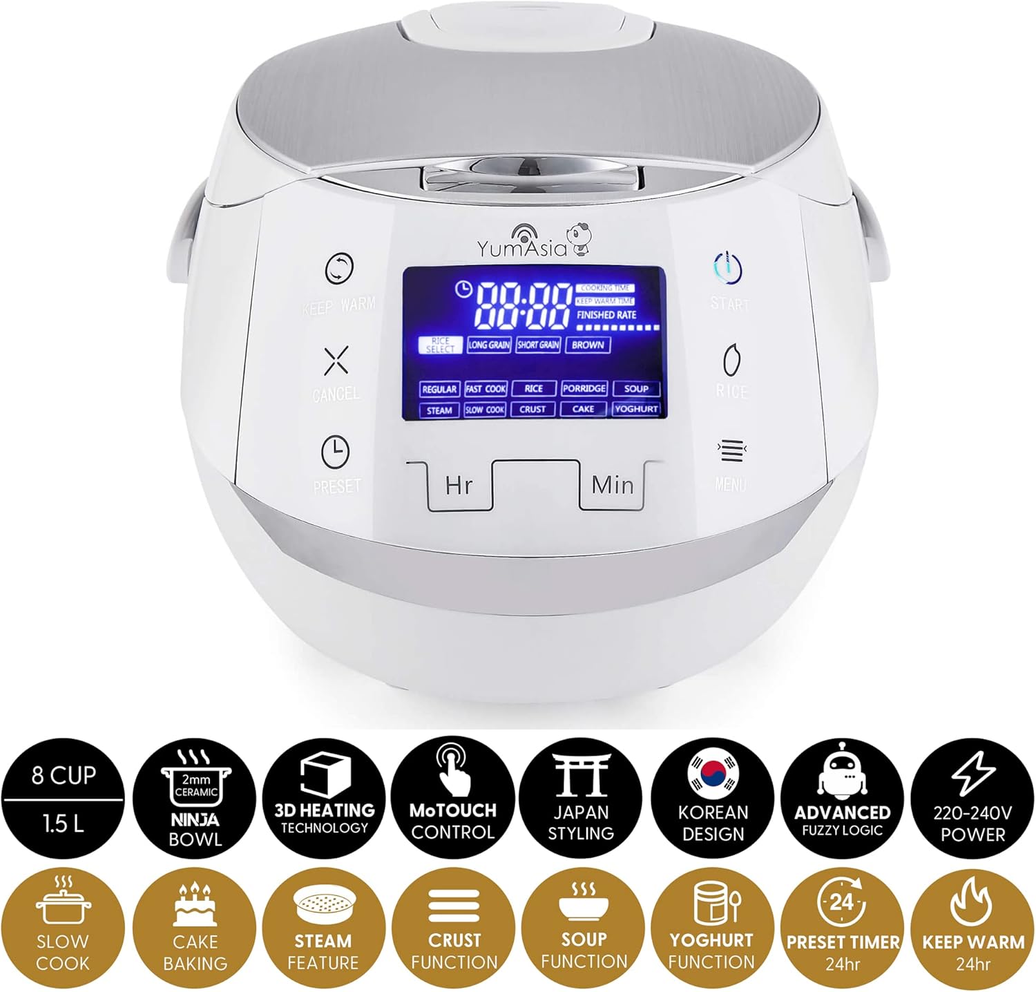 Yum Asia Sakura Reiskocher mit Keramikschale und Advanced Fuzzy Logic (8 Tassen, 1,5 Liter), 6 Reiskochfunktionen, 6 Multikocherfunktionen, Motouch LED-Display, 220-240V EU (schwarz und silber) – Bild 9