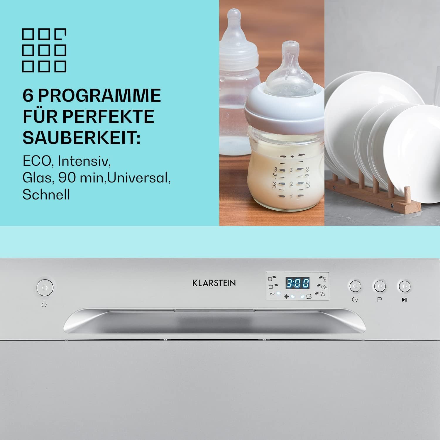 Klarstein ia 8 - Spülmaschine, Geschirrspüler, Freistehend, Teilintegriert, F, 55 cm breit, 8 Maßgedecke, 6 Programme, Aquastop, silber – Bild 66