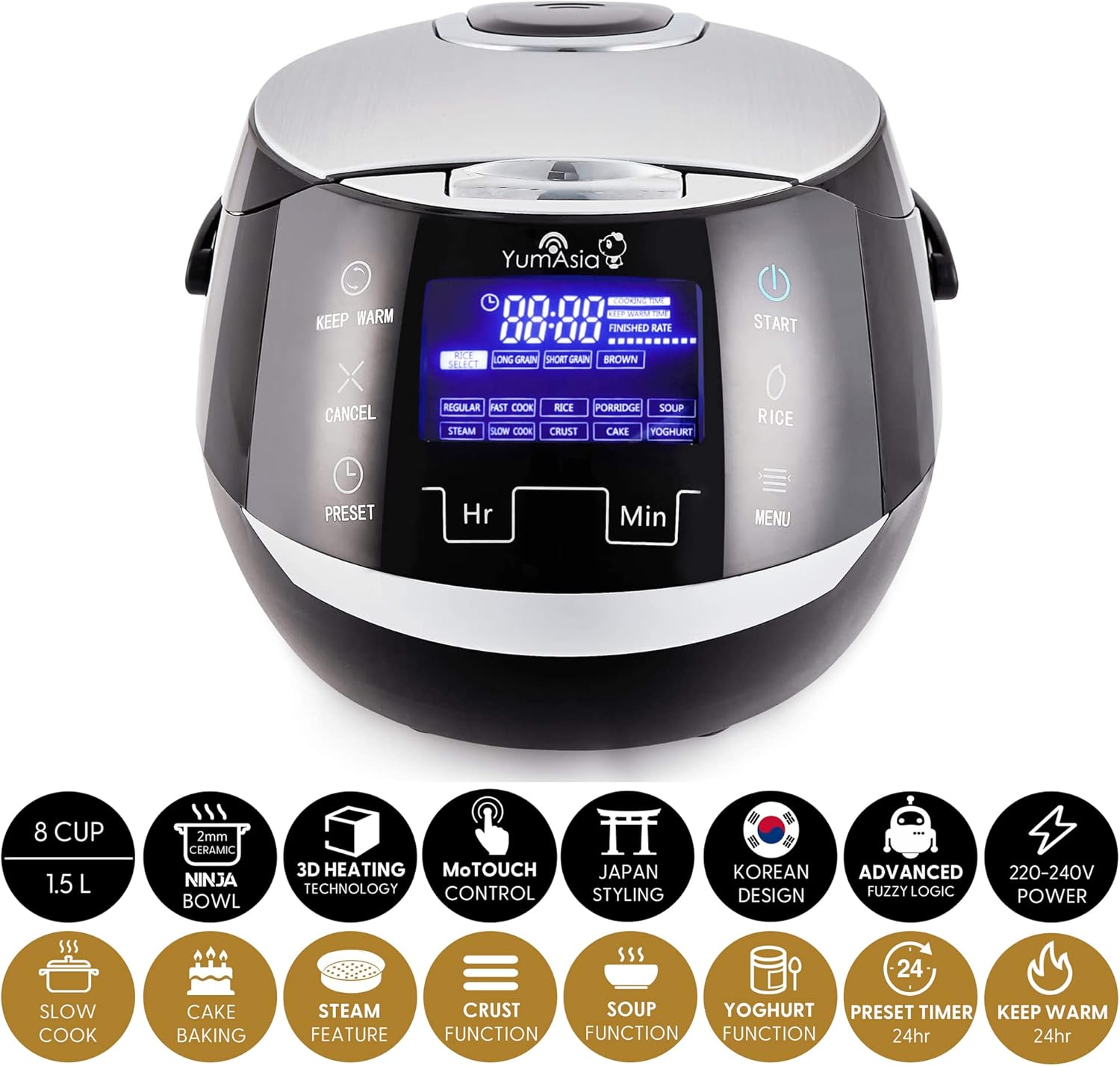 Yum Asia Sakura Reiskocher mit Keramikschale und Advanced Fuzzy Logic (8 Tassen, 1,5 Liter), 6 Reiskochfunktionen, 6 Multikocherfunktionen, Motouch LED-Display, 220-240V EU (schwarz und silber) – Bild 3