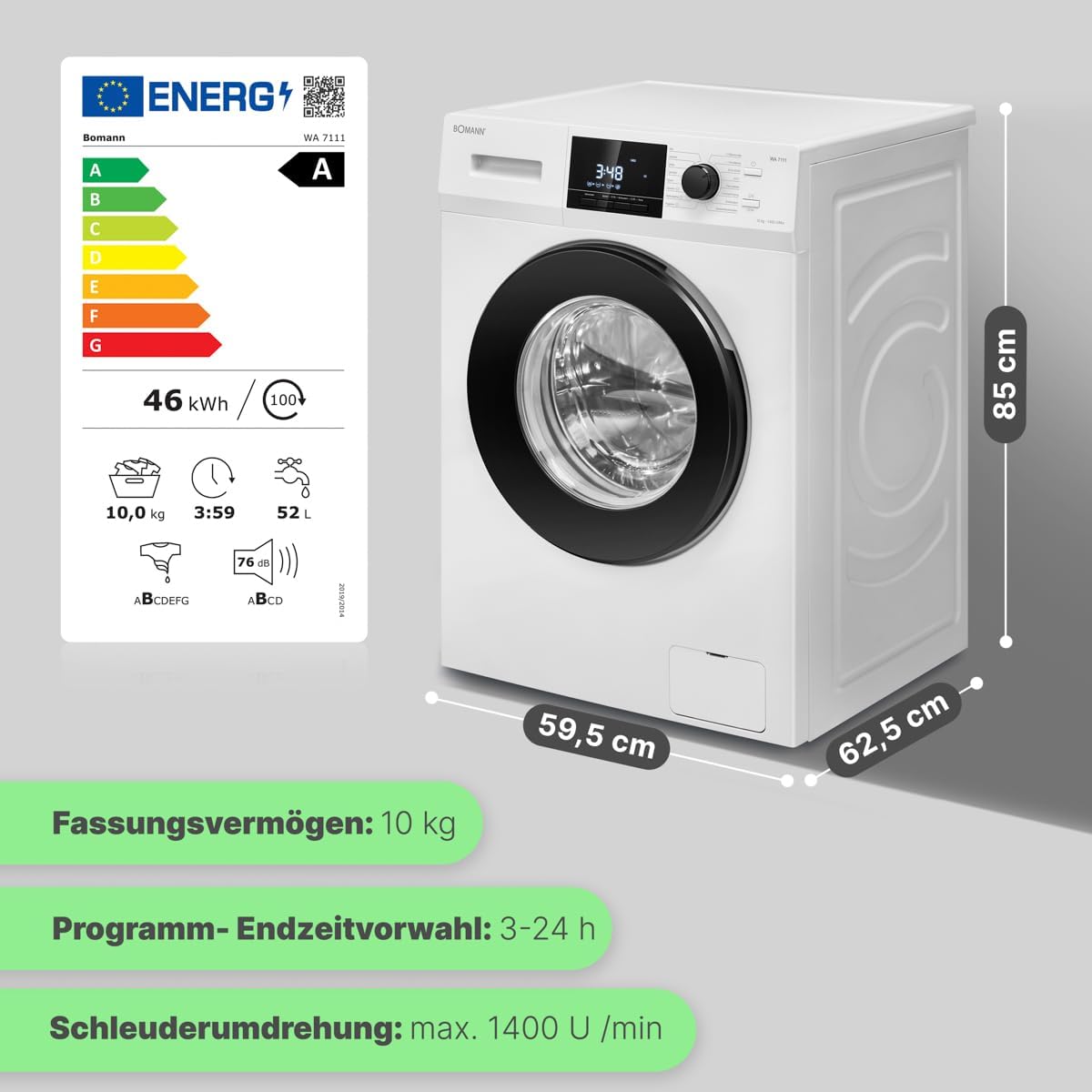 Bomann® Waschmaschine 10kg | max. 1400 U/min | 10 Jahre Motor-Garantie | effizienter, leiser & langlebiger Invertermotor | 15 Programme | Endzeitvorwahl | LED-Display | Washing Machine WA 7110 – Bild 13
