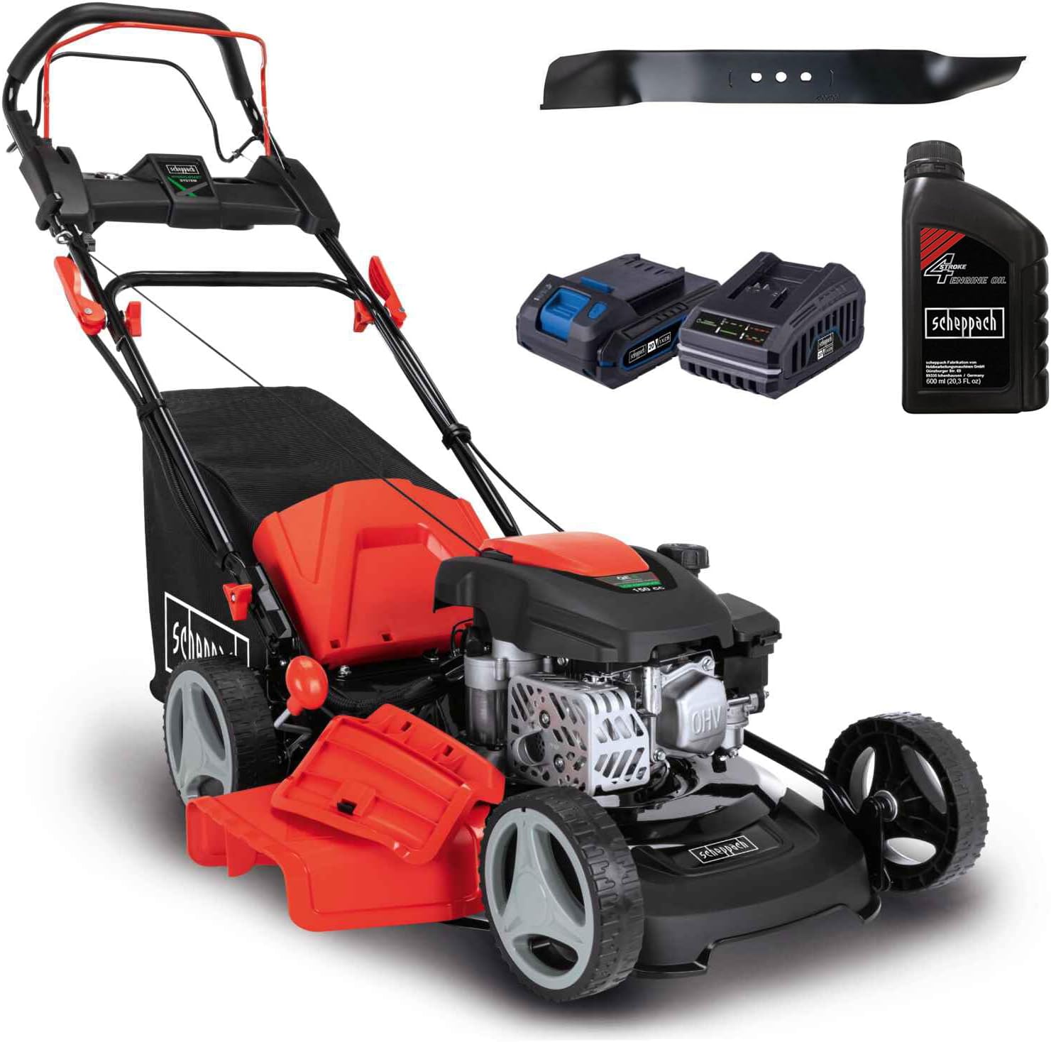 Scheppach MS150-46E Benzin Rasenmäher mit E-Start | 46cm Schnittbreite | Reinigungsfunktion | 55 Liter Fangkorb | Stahlgehäuse | 7-stufige Höhenverstellung | Mulchfunktion | Radantrieb | Seitenauswurf – Bild 5