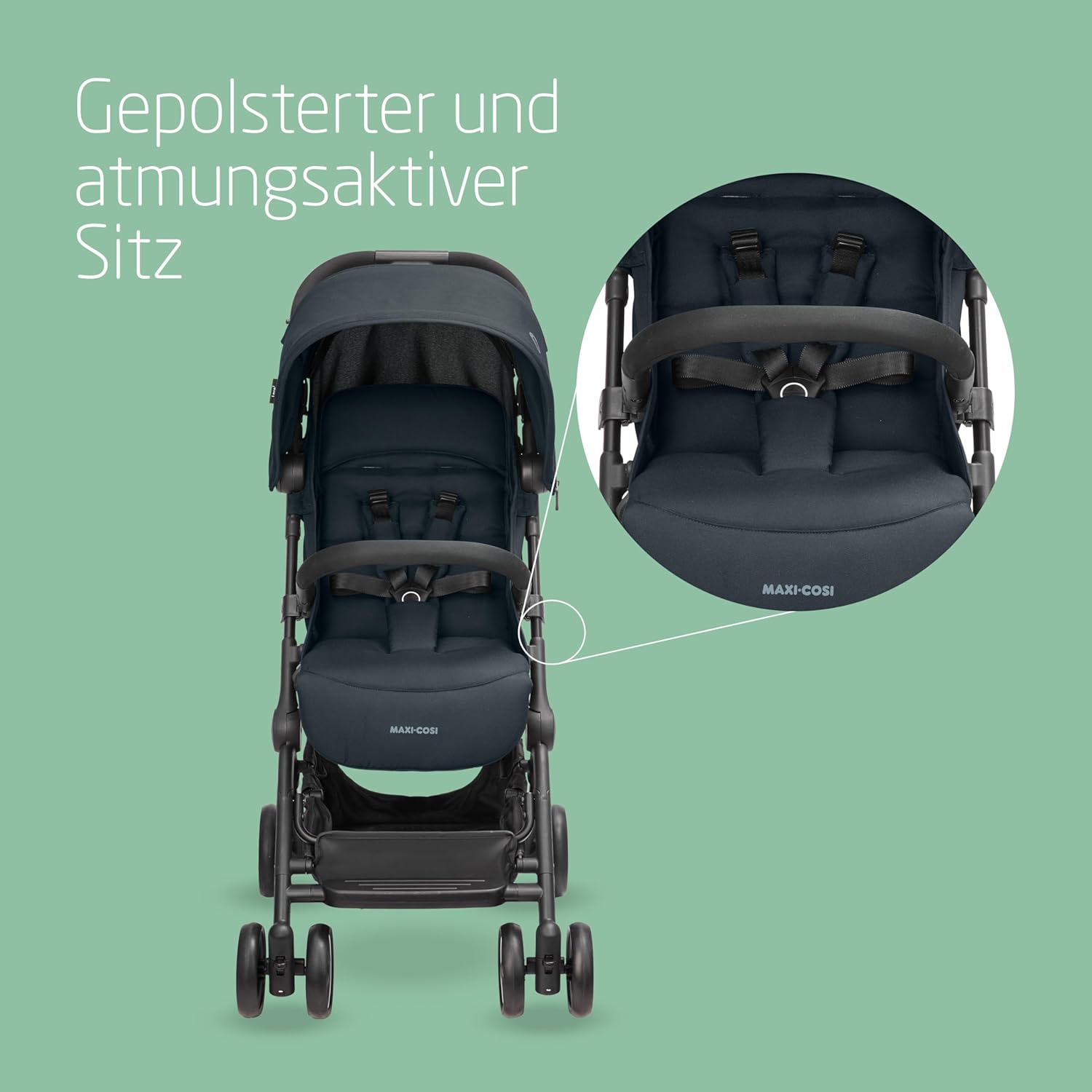 Maxi-Cosi Lara2 Baby Kinderwagen, 0–4 Jahre, 0–22 kg, federleichter, kompakter Buggy, 3 Liegepositionen, flache Liegeposition, klein zusammenklappbar, Schultergurt, Essential Graphite – Bild 8