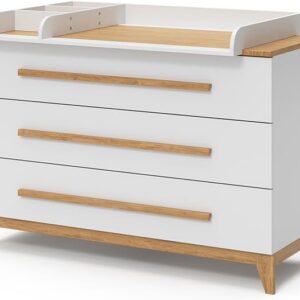 VitaliSpa Wickelkommode Malia, Weiß/Eiche, 133 x 98 cm XL mit 3 Schubladen