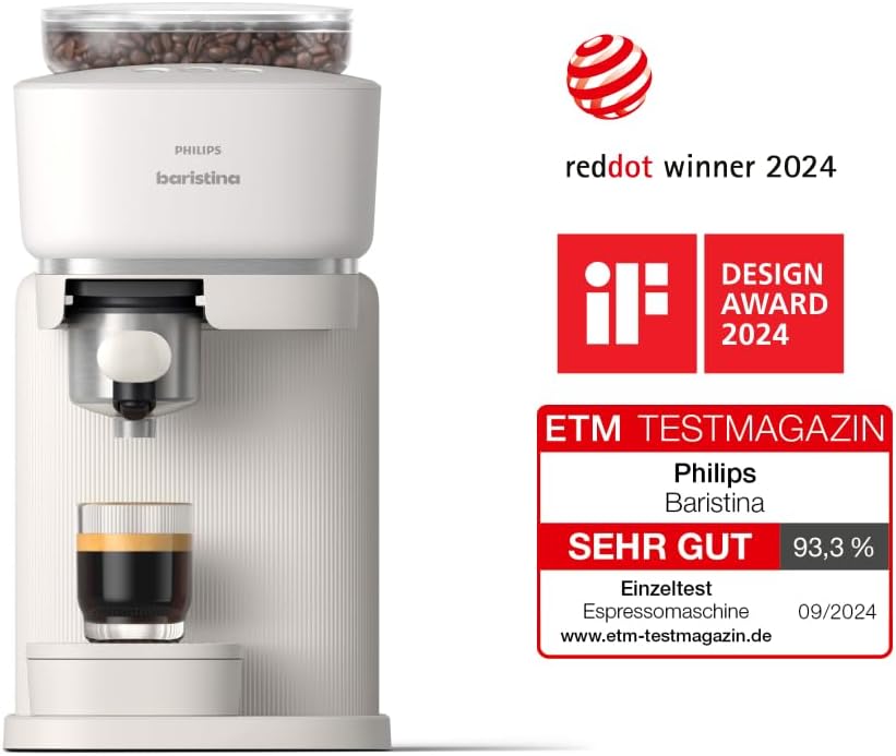 Philips Baristina Espressomaschine - Real Espresso- made simple. Kompakte Kaffeemaschine- Naturweiß mit weißem Siebträger- 16-bar-Pumpendruck- automatisches Mahlwerk- Cafe Crema (BAR300/00) – Bild 52