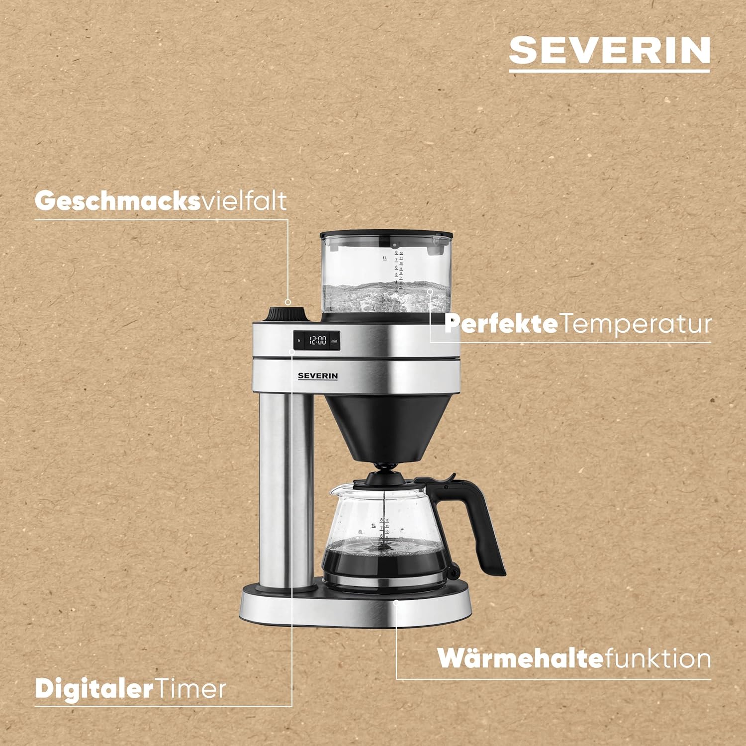 SEVERIN Filterkaffeemaschine Caprice, wie von Hand aufgebrüht mit dem Kaffeebereiter für bis zu 8 Tassen, Kaffeemaschine mit Timer, Edelstahl-gebürstet/schwarz-matt, KA 5760 – Bild 4