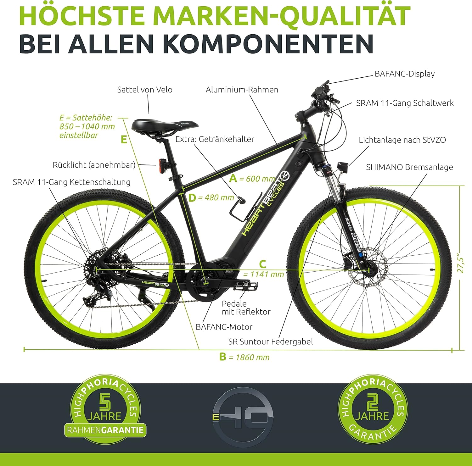 Highphoria Elektrofahrrad Erwachsene, 250W 25 km/h E-Bike mit Batterie, Starker Motor, Kettenschaltung, E-Mountainbike mit Hydraulische Federgabel Pedelec für Damen & Herren – Bild 3