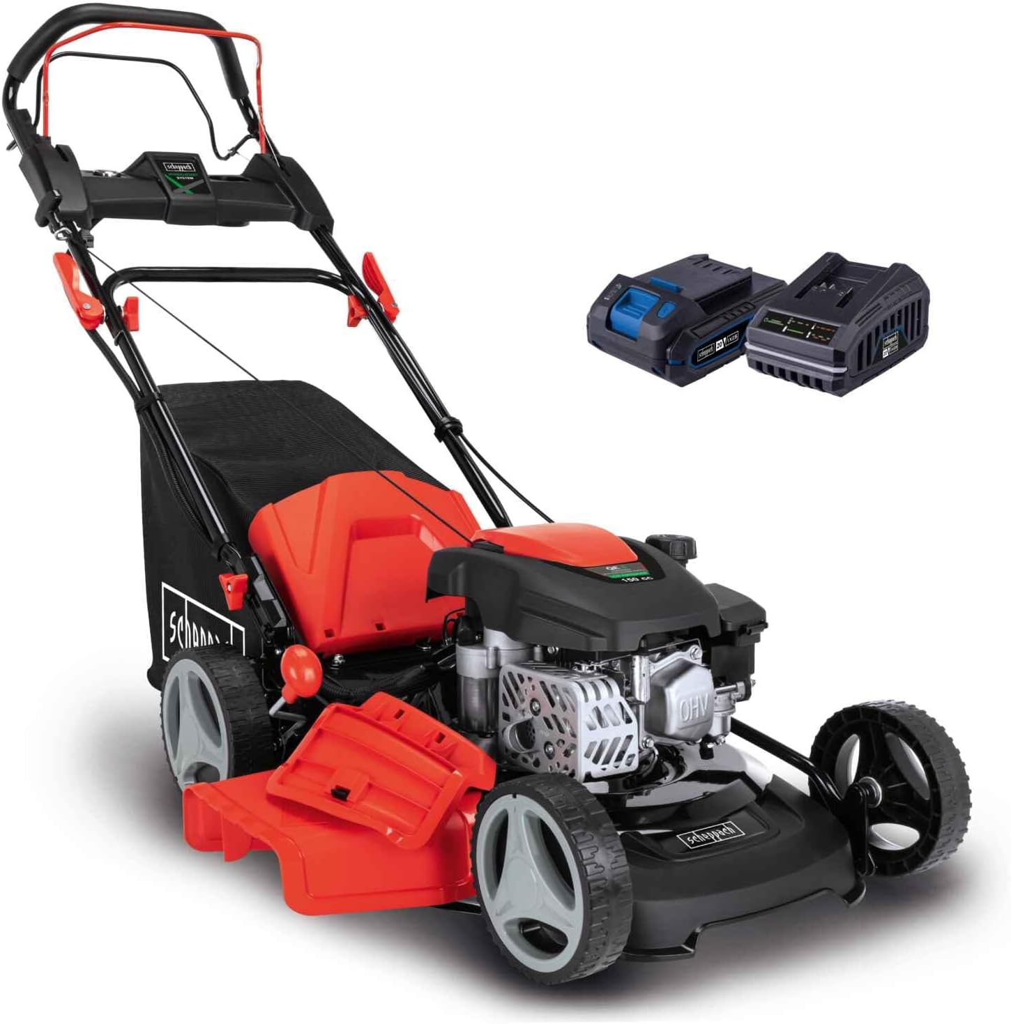 Scheppach MS150-46E Benzin Rasenmäher mit E-Start | 46cm Schnittbreite | Reinigungsfunktion | 55 Liter Fangkorb | Stahlgehäuse | 7-stufige Höhenverstellung | Mulchfunktion | Radantrieb | Seitenauswurf – Bild 2