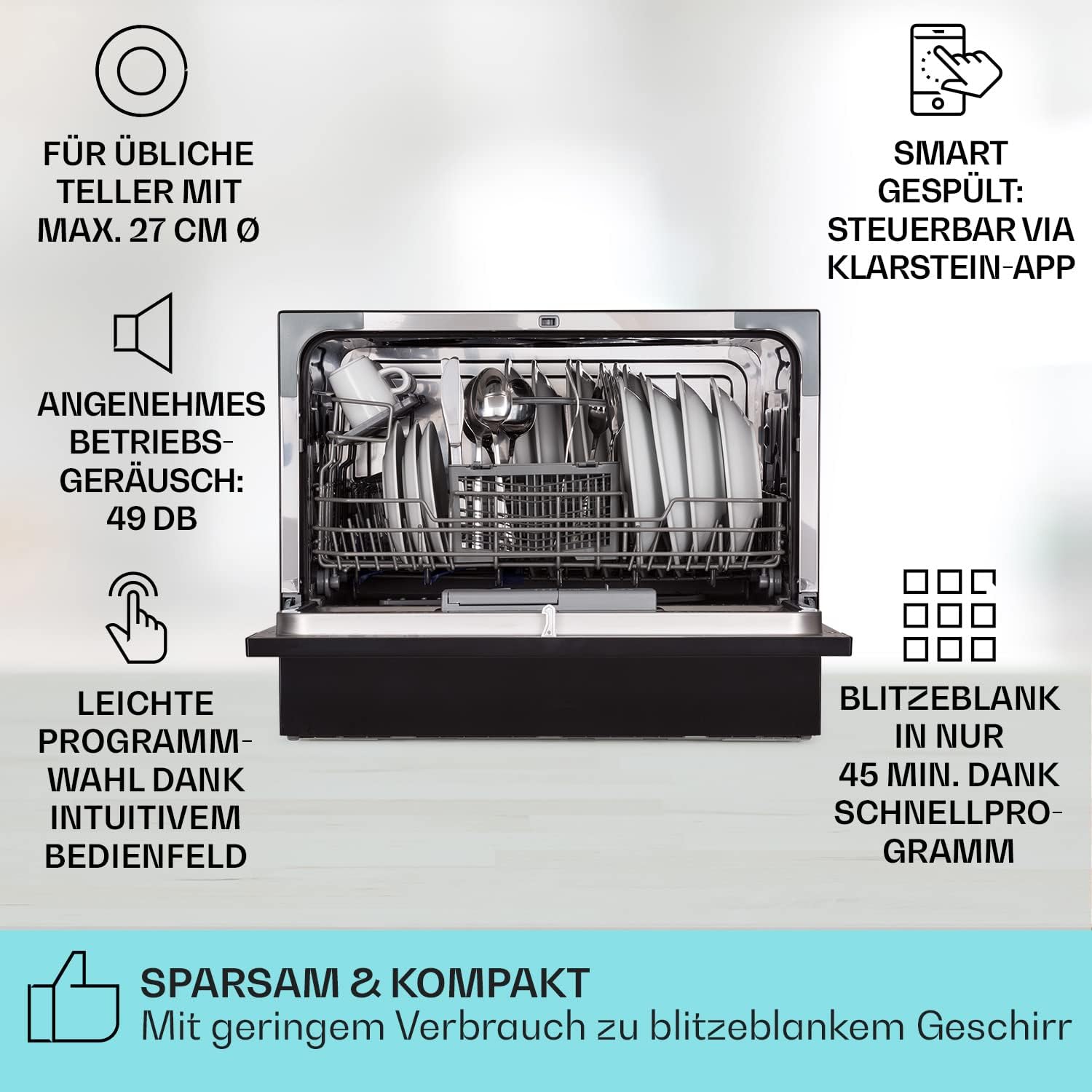 Klarstein ia 8 - Spülmaschine, Geschirrspüler, Freistehend, Teilintegriert, F, 55 cm breit, 8 Maßgedecke, 6 Programme, Aquastop, silber – Bild 60