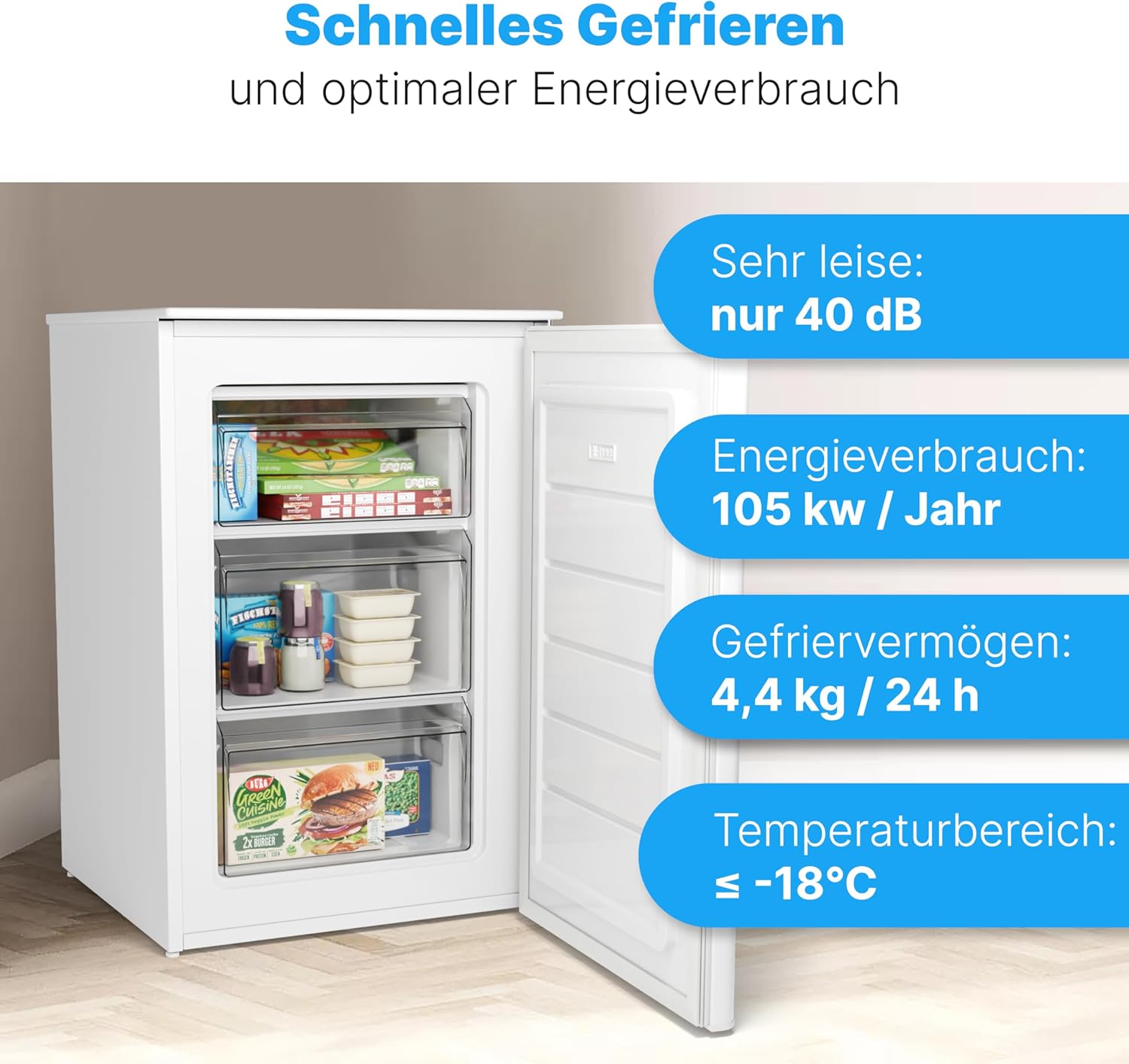 Bomann® Gefrierschrank 87L | Gefrierschrank klein mit Temperaturbereich ≤ -18°C | 3 Schubladen | Tiefkühlschrank mit wechselbarem Türanschlag | Freezer Tiefkühlschrank klein GS 7253 weiß – Bild 25