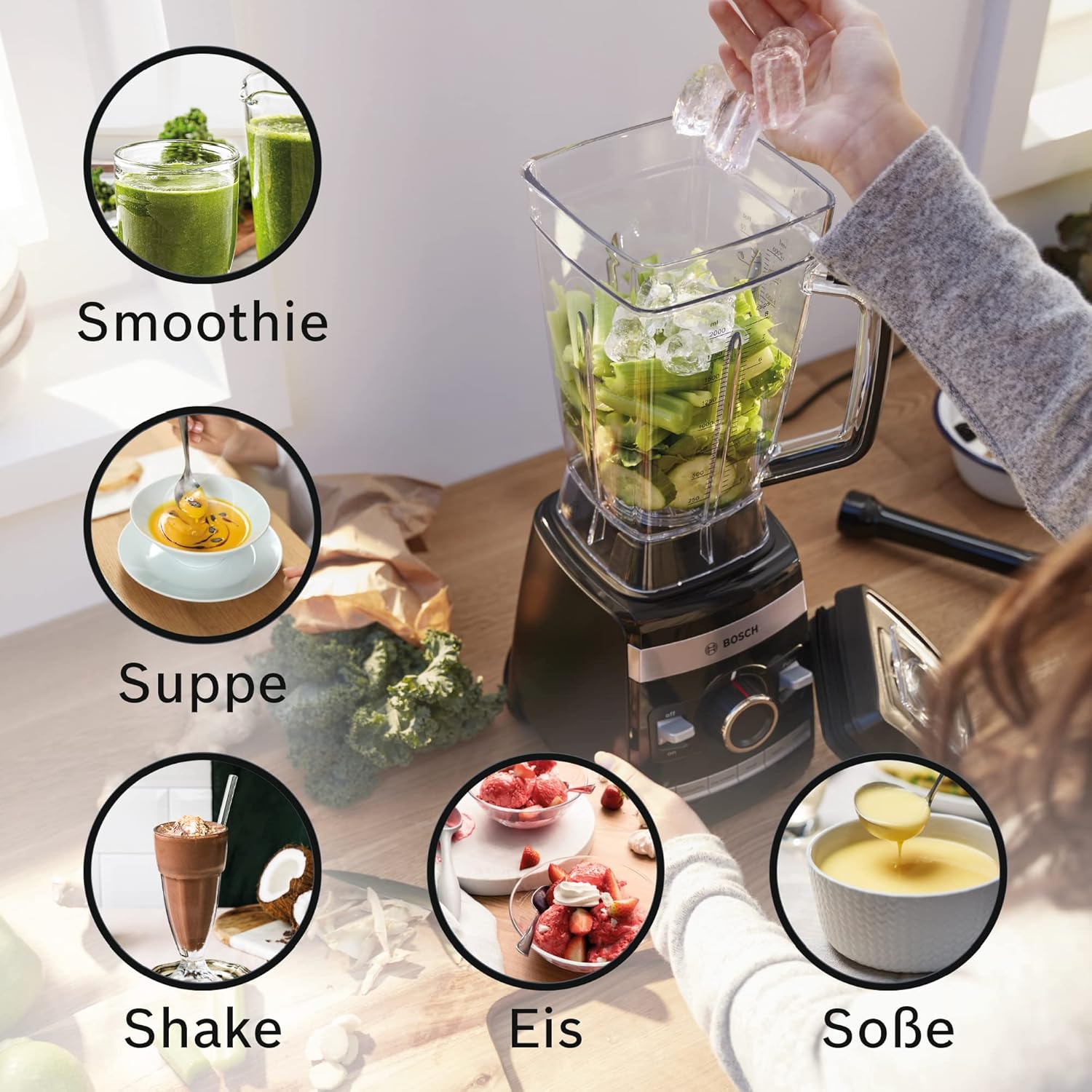 Bosch Standmixer VitaBoost MMBH6P6BDE, 6-Klingen-Edelstahlmesser, 2,5l Tritan-Mixbehlter, Stopfer, 6 Automatikprogramme, Rezeptbuch, BPA-frei, einfache Reinigung, 45,000 U/min, 1600 W, schwarz – Bild 6