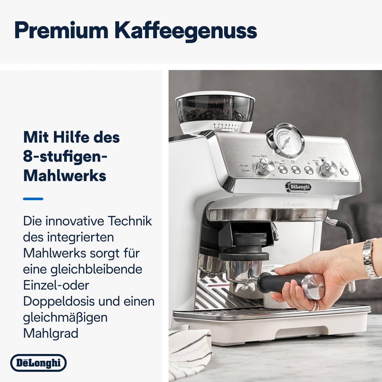 De'Longhi La Specialista Arte EC9155.MB Siebtrgermaschine, Espressomaschine mit Mahlwerk, 8 Mahlgrade, 15 Bar, 3 Temperaturen, Milchschaumdüse, 1300 W, 1,5 l Tank, Edelstahl/Schwarz inkl. Barista-Kit – Bild 19
