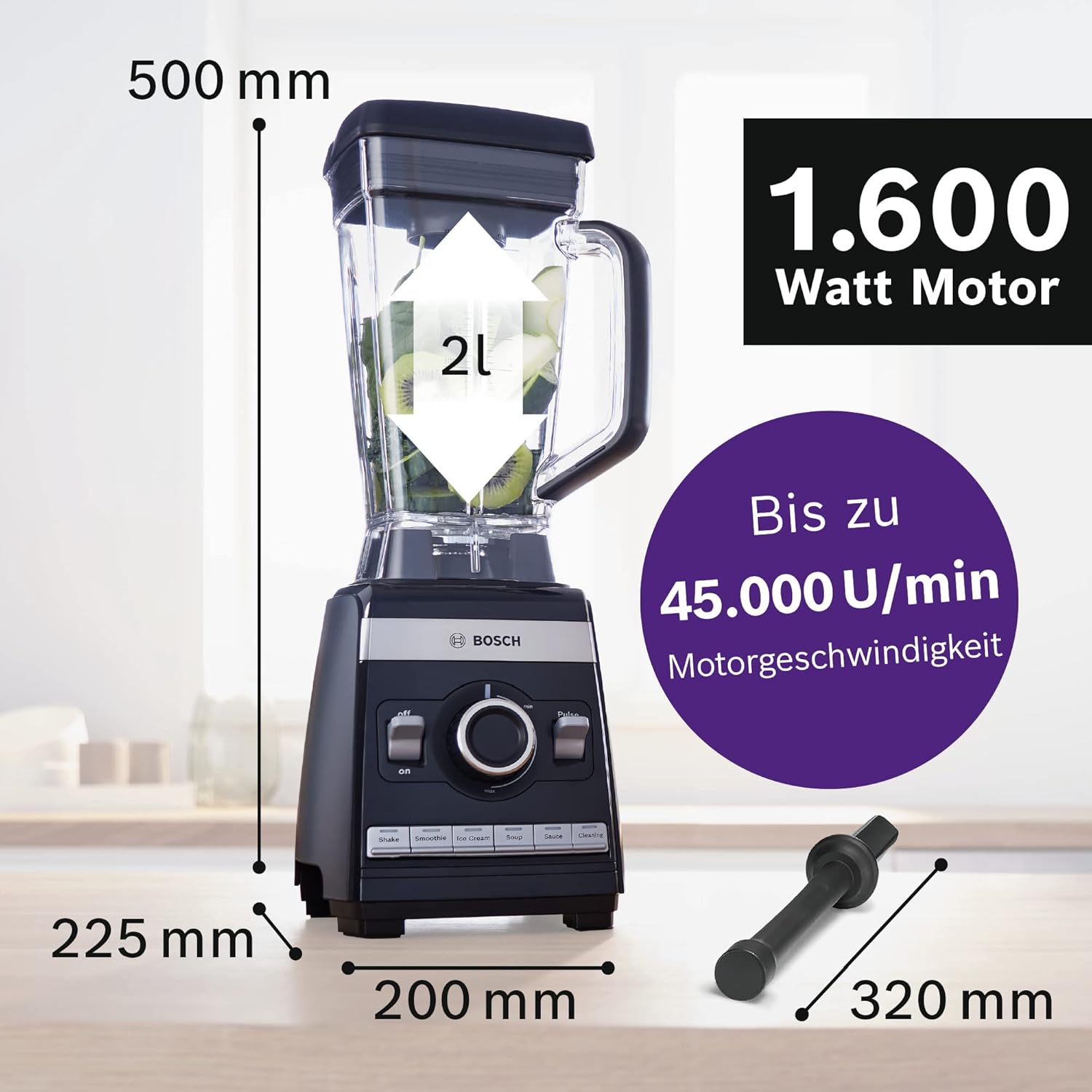 Bosch Standmixer VitaBoost MMBH6P6BDE, 6-Klingen-Edelstahlmesser, 2,5l Tritan-Mixbehälter, Stopfer, 6 Automatikprogramme, Rezeptbuch, BPA-frei, einfache Reinigung, 45,000 U/min, 1600 W, schwarz – Bild 3