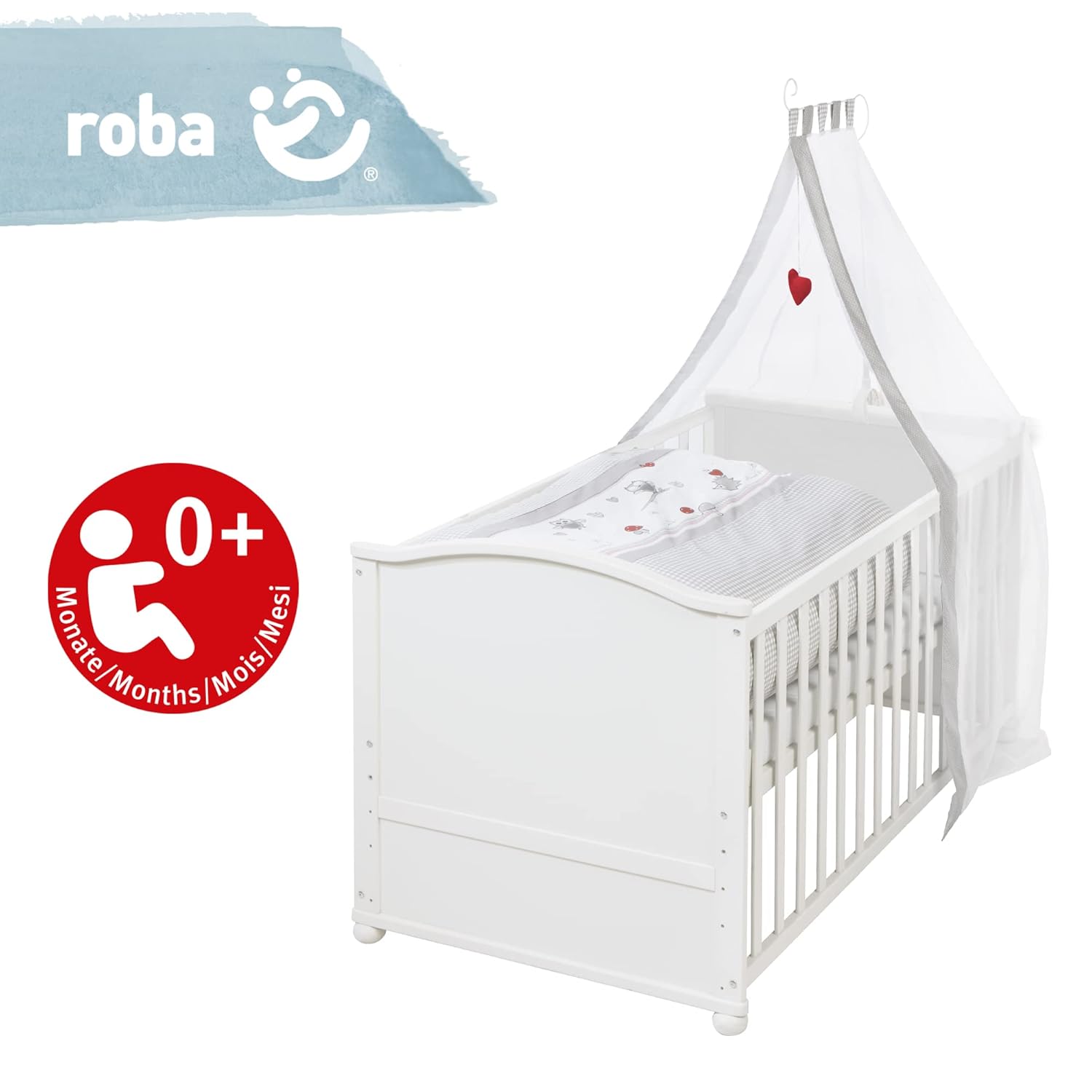 roba Babybett Set Adam & Eule - 70 x 140 cm - Mitwachsendes Kinderbett mit Bettwäsche, Himmel, Matratze - Höhenverstellbar - zu Juniorbett umbaubar - Holz weiß – Bild 24