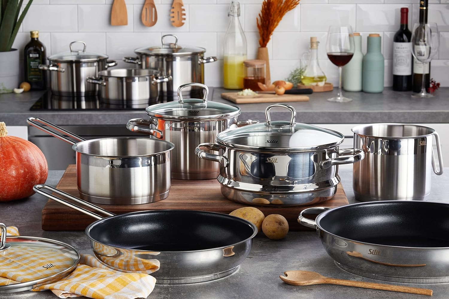 Silit Toskana Topfset induktionsgeeignet 10-teilig, Kochtopf Set mit Glasdeckel, Induktionskochtöpfe, Milchtopf, Dämpfer, Pfanne, Edelstahl teilmattiert, Induktions Töpfe Set unbeschichtet – Bild 15