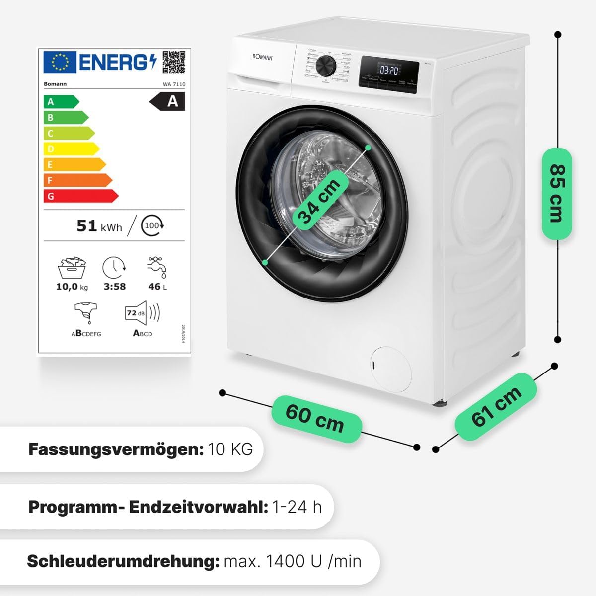 Bomann® Waschmaschine 10kg | max. 1400 U/min | 10 Jahre Motor-Garantie | effizienter, leiser & langlebiger Invertermotor | 15 Programme | Endzeitvorwahl | LED-Display | Washing Machine WA 7110 – Bild 20