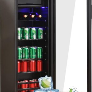 Merax Kühlschrank 128L, Freistehend Getränkekühler mit 120L-Kühlschrank + 8L-Gefrierschrank, mit LED-Innenbeleuchtung und Verstellbare Einlegeböden, Superleise für Restaurant, Bar, Getränke und Bier