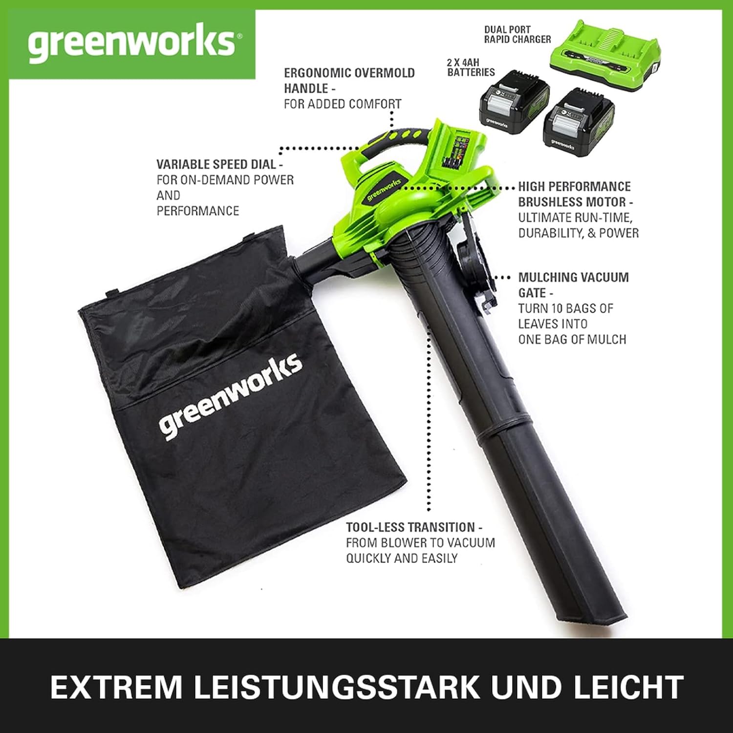 Greenworks 48V(2x24V) Akku Laubsauger / Laubblser mit Schultergurt, bürstenloser Motor, 322 km/h, 9 m/min, 45L Fangsack, zwei 4Ah Batterien & Ladegert, 3 Jahre Garantie GD24X2BVK4X – Bild 3