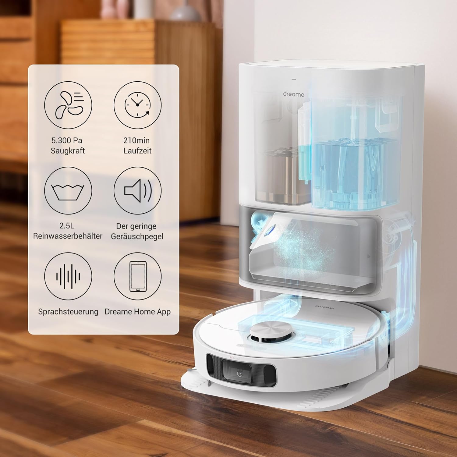 dreame L10s Pro Ultra Heat Roboter Staubsauger mit Automatische Moppreinigung mit heiem Wasser, Moppverlngerung, 7.000 Pa Saugkraft, Doppelte Mopp- und Bodenreinigung, Teppicherkennung – Bild 19
