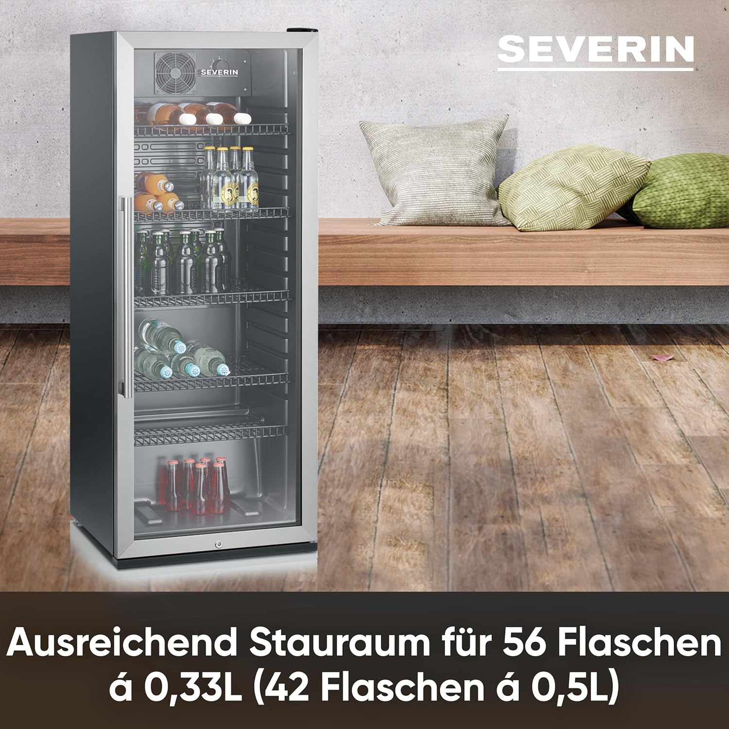 SEVERIN Flaschenkühlschrank, mit integriertem Schloss und integrierter LED-Beleuchtung, 118 L Nutzinhalt, schwarz/silber, FSK 8840 – Bild 4