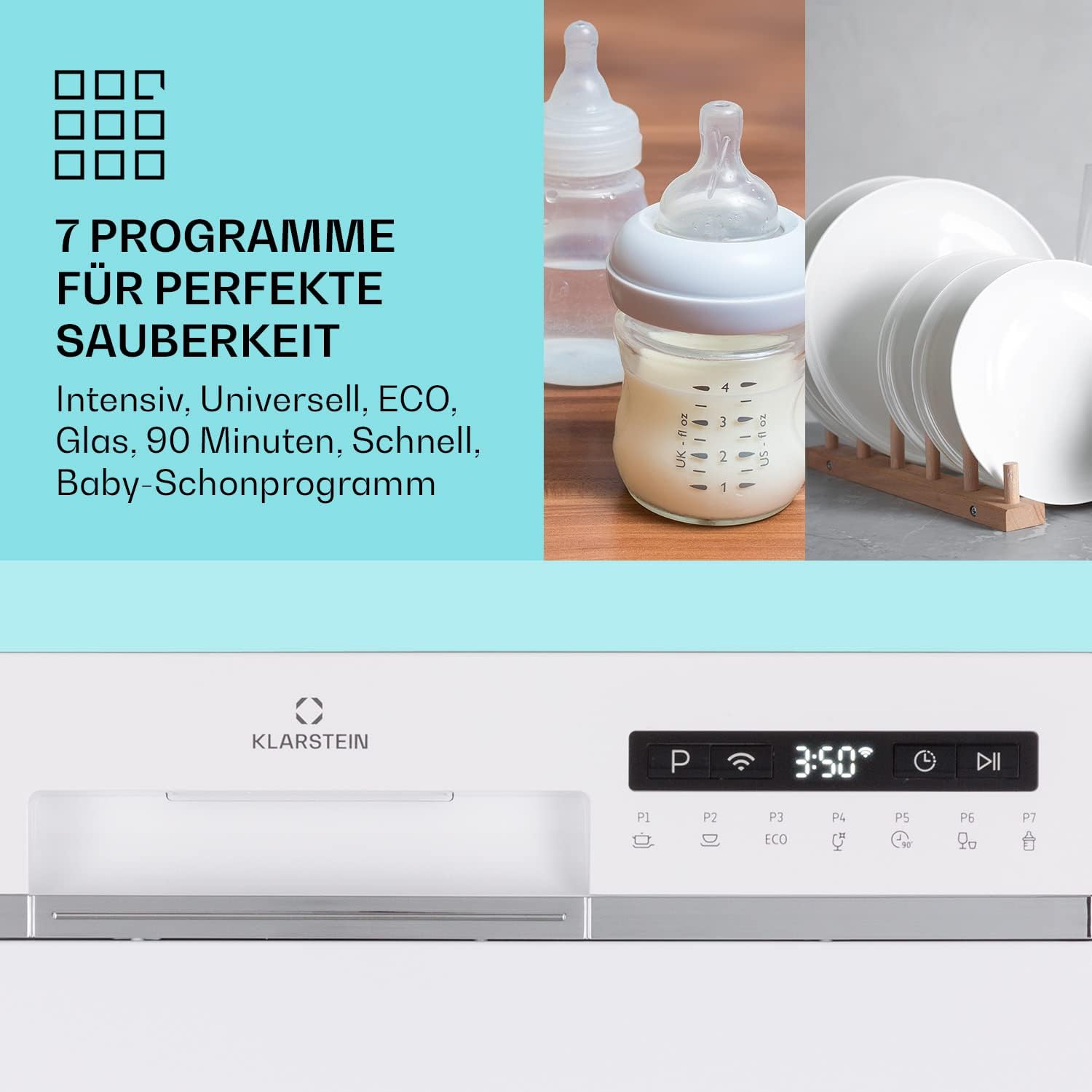 Klarstein ia 8 - Spülmaschine, Geschirrspüler, Freistehend, Teilintegriert, F, 55 cm breit, 8 Maßgedecke, 6 Programme, Aquastop, silber – Bild 5