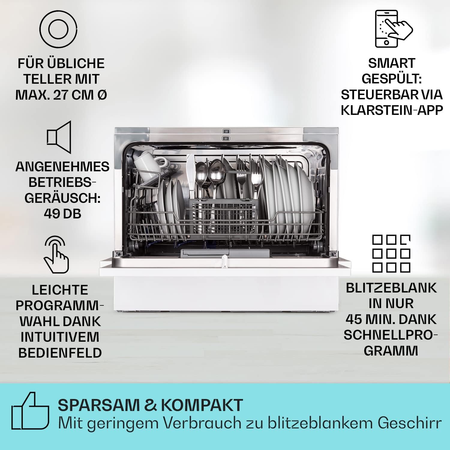 Klarstein ia 8 - Spülmaschine, Geschirrspüler, Freistehend, Teilintegriert, F, 55 cm breit, 8 Maßgedecke, 6 Programme, Aquastop, silber – Bild 3