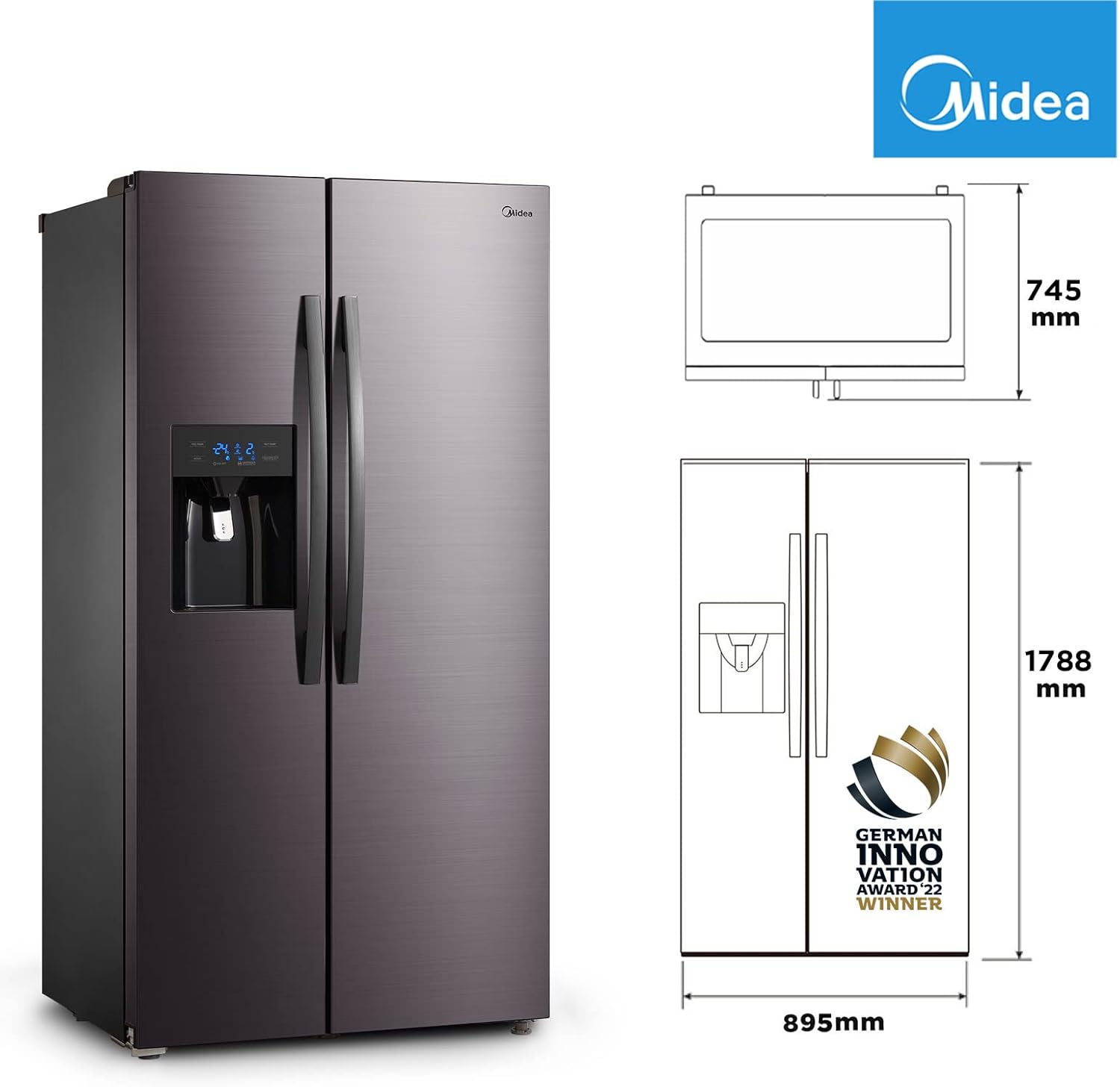 Midea KS-DDX 6.32 WT Side-by-Side Kühl-/Gefrierkombination/ 178,8 cm Hhe/ 254 kWh/Jahr/No Frost/Dual Inverter Compressor/mit 3in1 Wasser-/Eisspender und Wassertank, Dark Inox – Bild 28