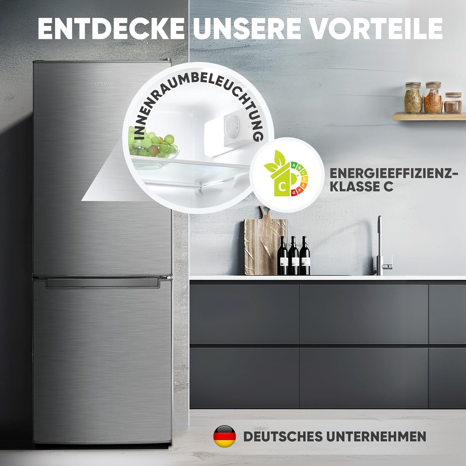 Bomann Kühlschrank mit Gefrierfach 143cm hoch | Kühl Gefrierkombination 173L mit 3 Ablagen & 3 Schubladen | Türanschlag wechselbar | leise Kühlgefrierkombi 40db | Kühlschrank KG 7359 inox – Bild 16