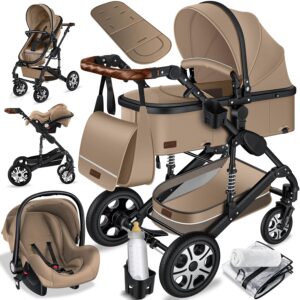 KESSER® Loops 3 in 1 Kinderwagen Kombikinderwagen Komplett-Set inkl. Babywanne & Buggy Sportsitz & Auto-Babyschale Voll-Gummireifen Wickeltasche Regenschutz Kindertisch ECE R129, Grau/Silber