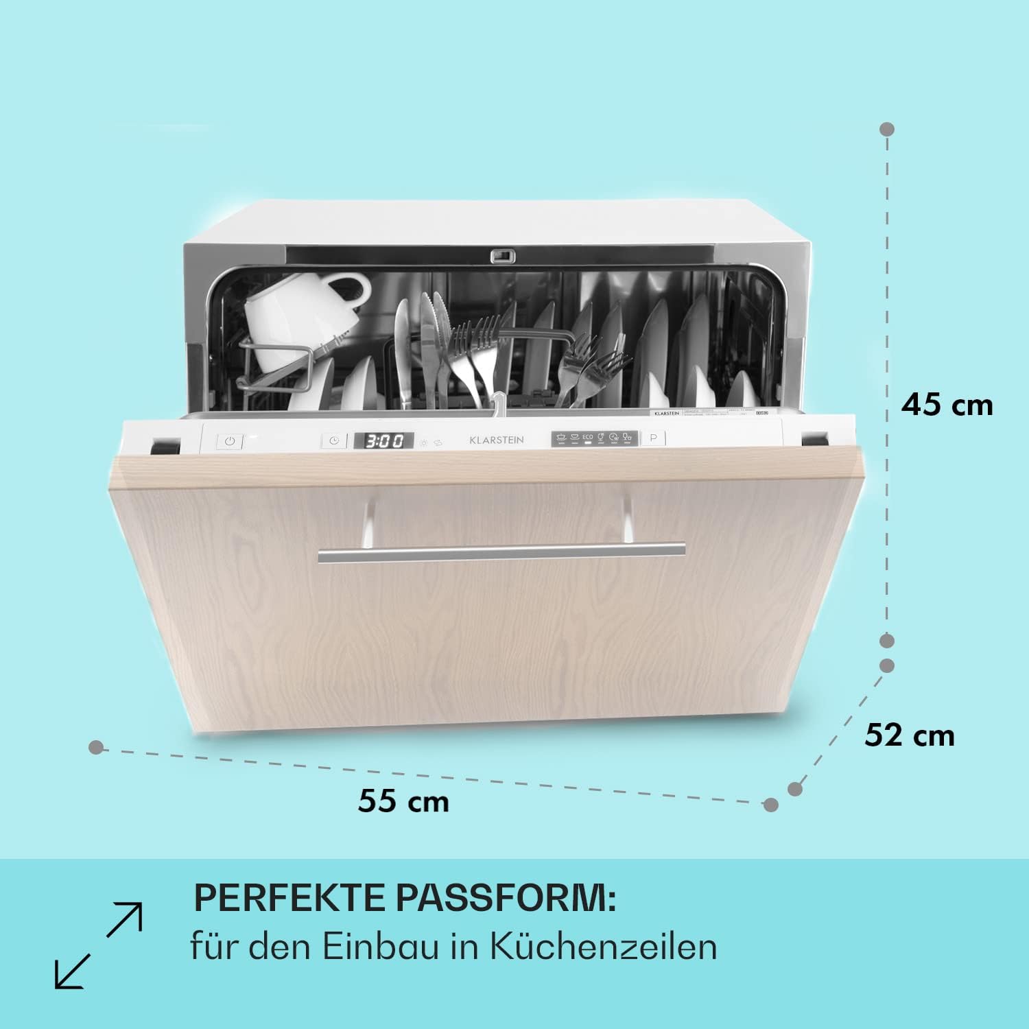Klarstein ia 8 - Spülmaschine, Geschirrspüler, Freistehend, Teilintegriert, F, 55 cm breit, 8 Maßgedecke, 6 Programme, Aquastop, silber – Bild 42