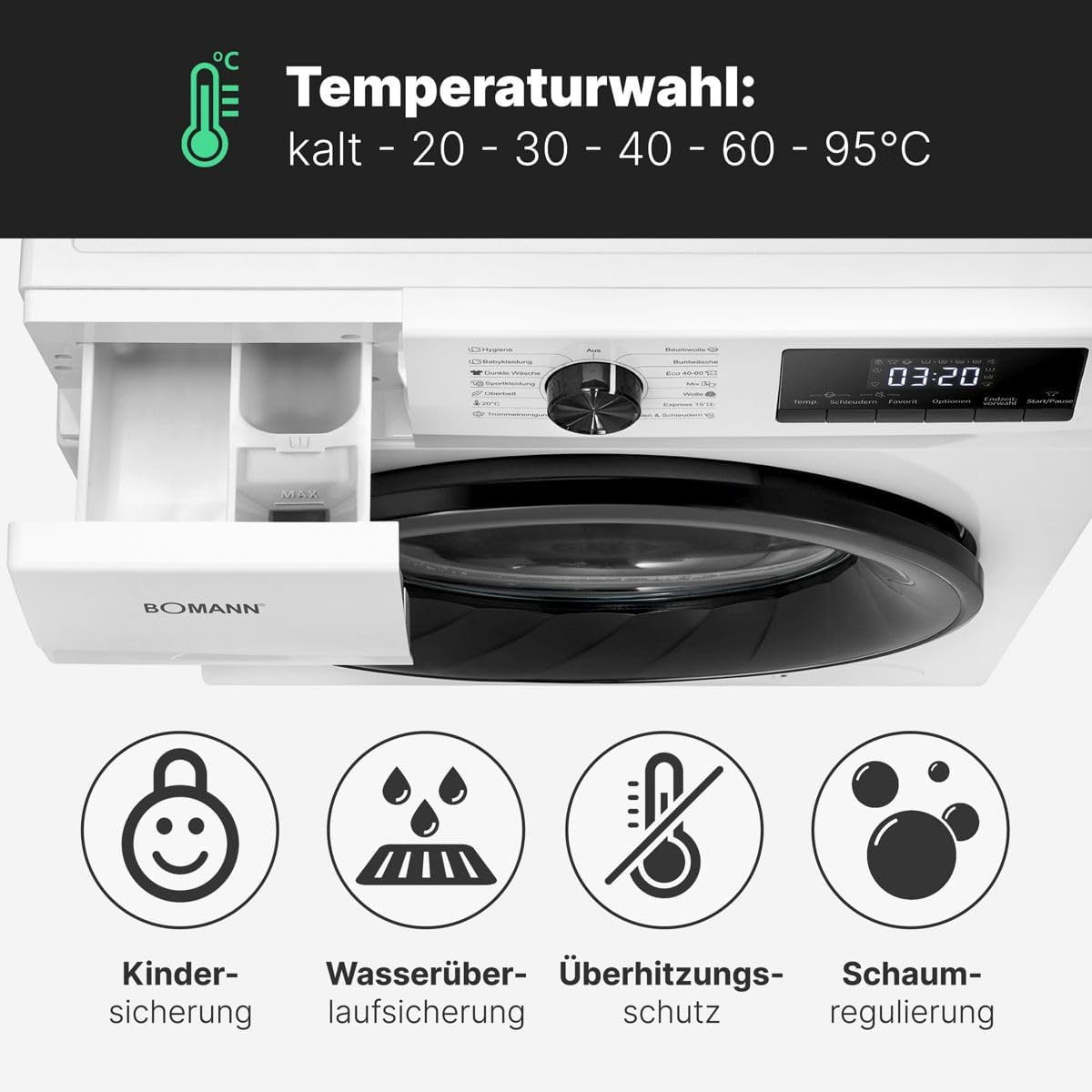 Bomann® Waschmaschine 10kg | max. 1400 U/min | 10 Jahre Motor-Garantie | effizienter, leiser & langlebiger Invertermotor | 15 Programme | Endzeitvorwahl | LED-Display | Washing Machine WA 7110 – Bild 23
