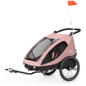 hauck Fahrradanhänger & Kinderwagen Dryk Duo Plus mit Federung, für 2 Kinder (6-48 Monate), inkl. Deichsel, Buggyrad, Fahne und LED Licht, Faltbar, Höhenverstellbar, XL Kofferaum (Dark Green)