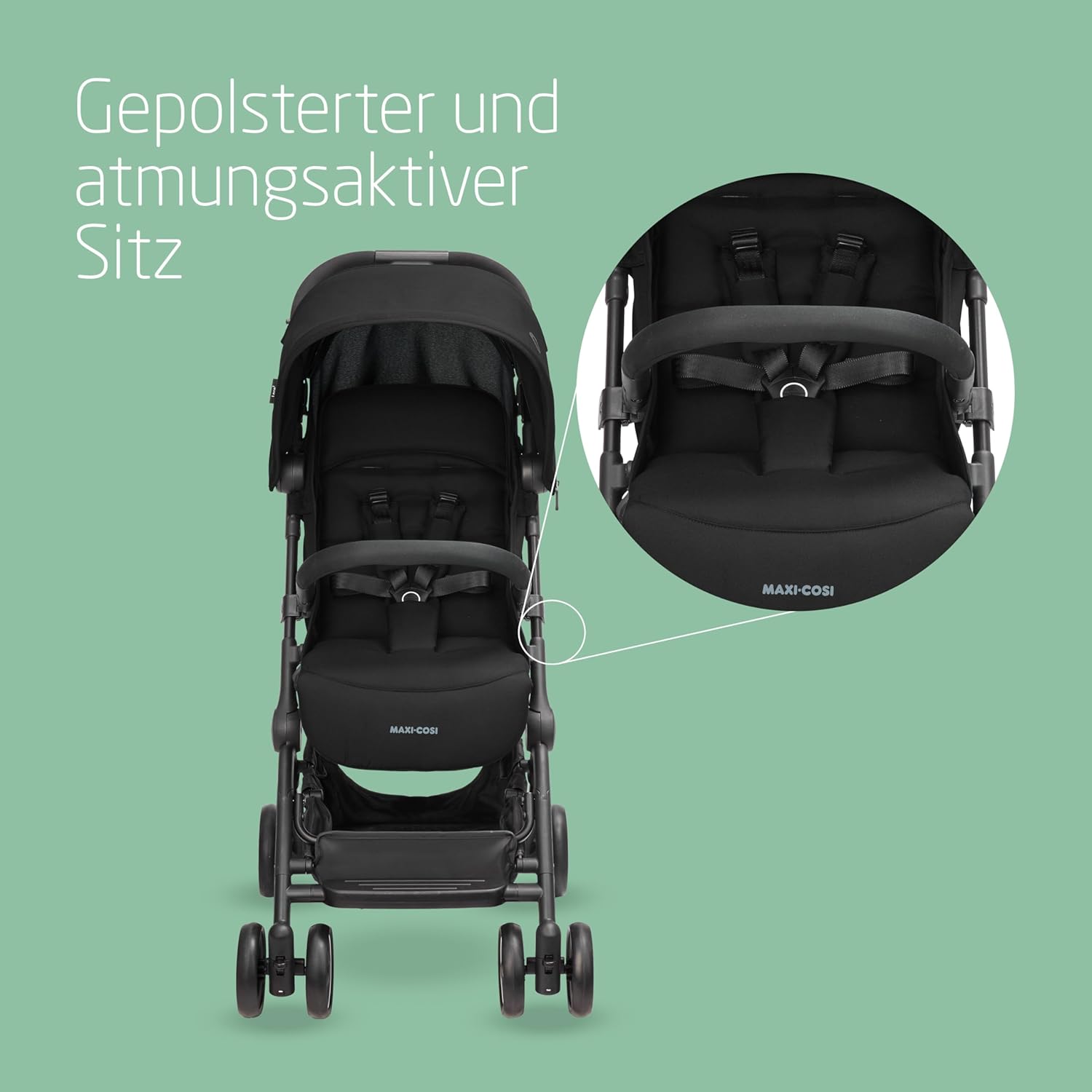 Maxi-Cosi Lara2 Baby Kinderwagen, 0–4 Jahre, 0–22 kg, federleichter, kompakter Buggy, 3 Liegepositionen, flache Liegeposition, klein zusammenklappbar, Schultergurt, Essential Graphite – Bild 46