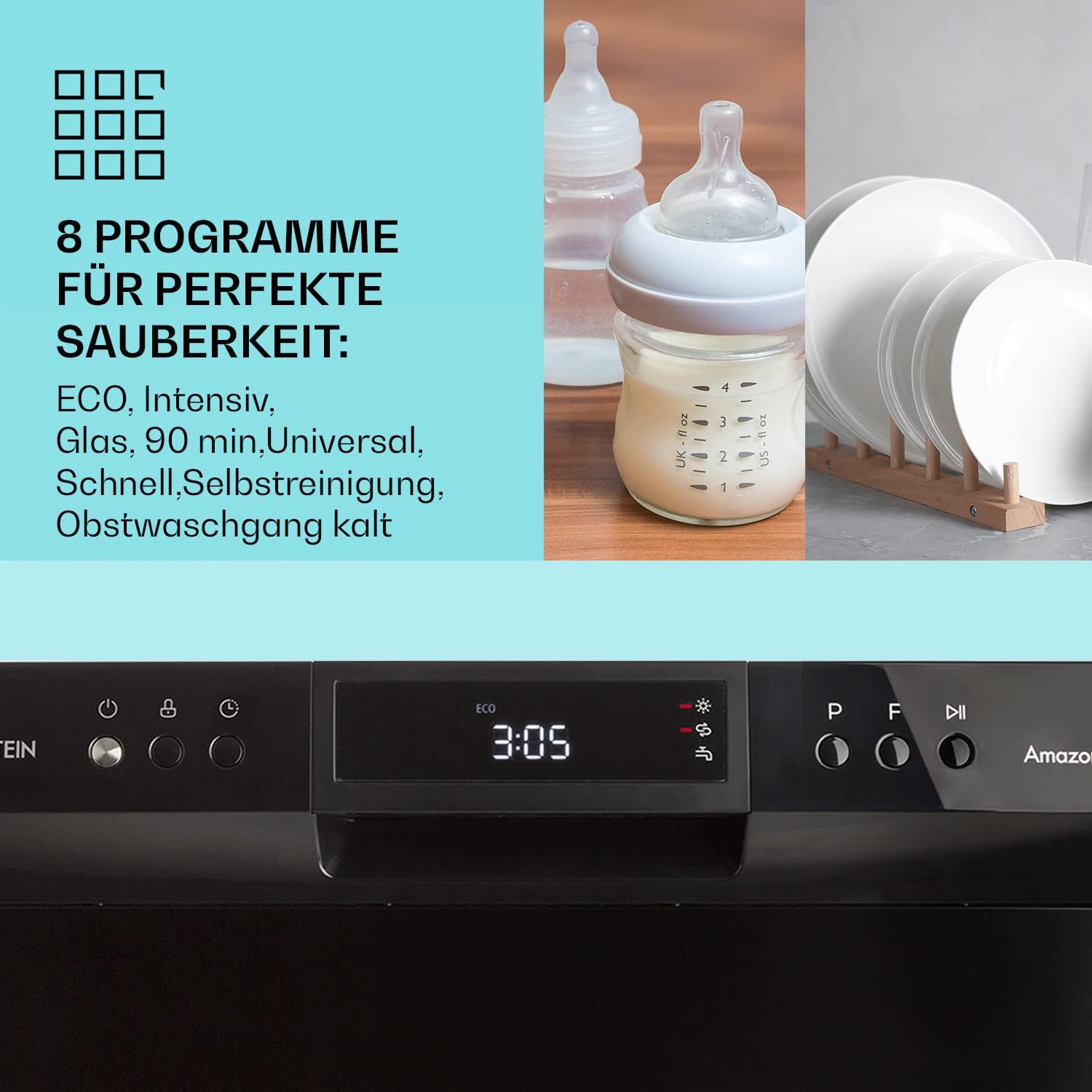 Klarstein ia 8 - Spülmaschine, Geschirrspüler, Freistehend, Teilintegriert, F, 55 cm breit, 8 Maßgedecke, 6 Programme, Aquastop, silber – Bild 17