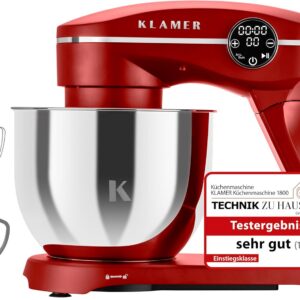 KLAMER Küchenmaschine 1800W, Knetmaschine Brotteig mit Edelstahl-Rührschüssel 6 L, 10 Stufen mit Timer, Planetenrührwerk, Rührbesen, Knethaken, Schneebesen & Sichtdeckel (schwarz)