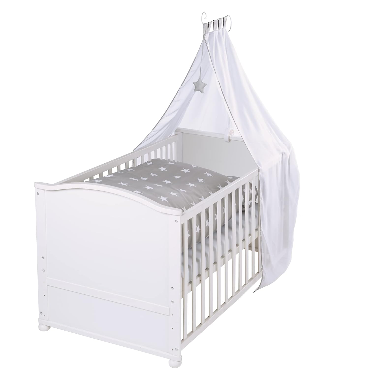 roba Babybett Set Adam & Eule - 70 x 140 cm - Mitwachsendes Kinderbett mit Bettwäsche, Himmel, Matratze - Höhenverstellbar - zu Juniorbett umbaubar - Holz weiß – Bild 2