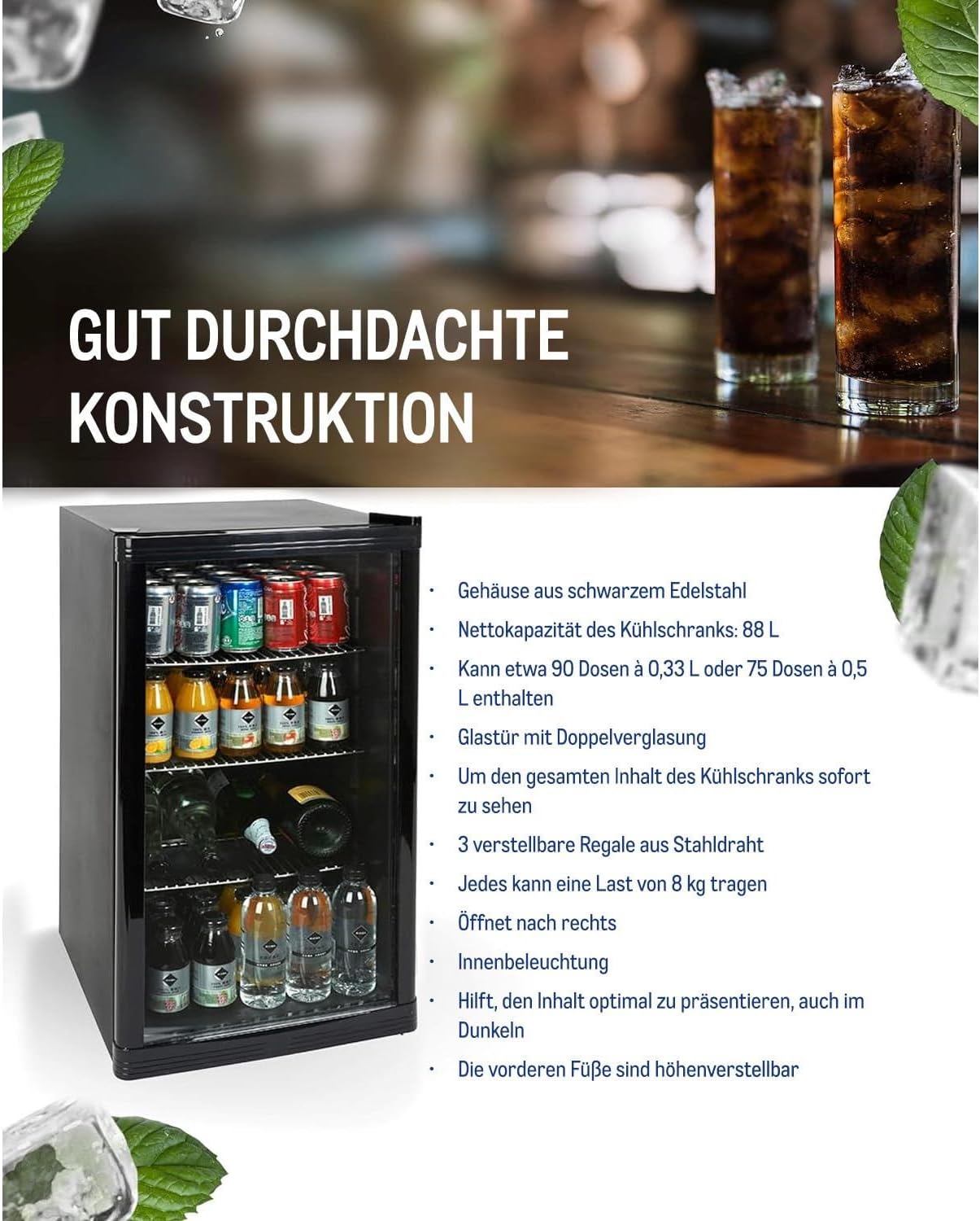 METRO Professional Mini-Kühlschrank GPC1088, 88 L, 1.052 kWh/24h, 3 Edelstahl-Drahtböden, schwarz – Bild 14