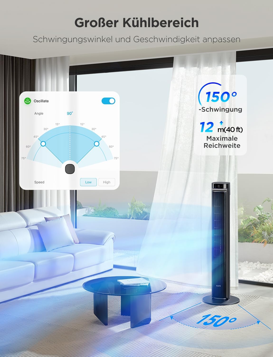 GoveeLife 27 dB leiser Ventilator, 12 Geschwindigkeiten bis zu 8 m/s, 5 Modi, 24-Stunden-Timer, intelligenter Turmventilator mit 150°-Oszillation, APP- und Sprachsteuerung für Zuhause, schwarz – Bild 3
