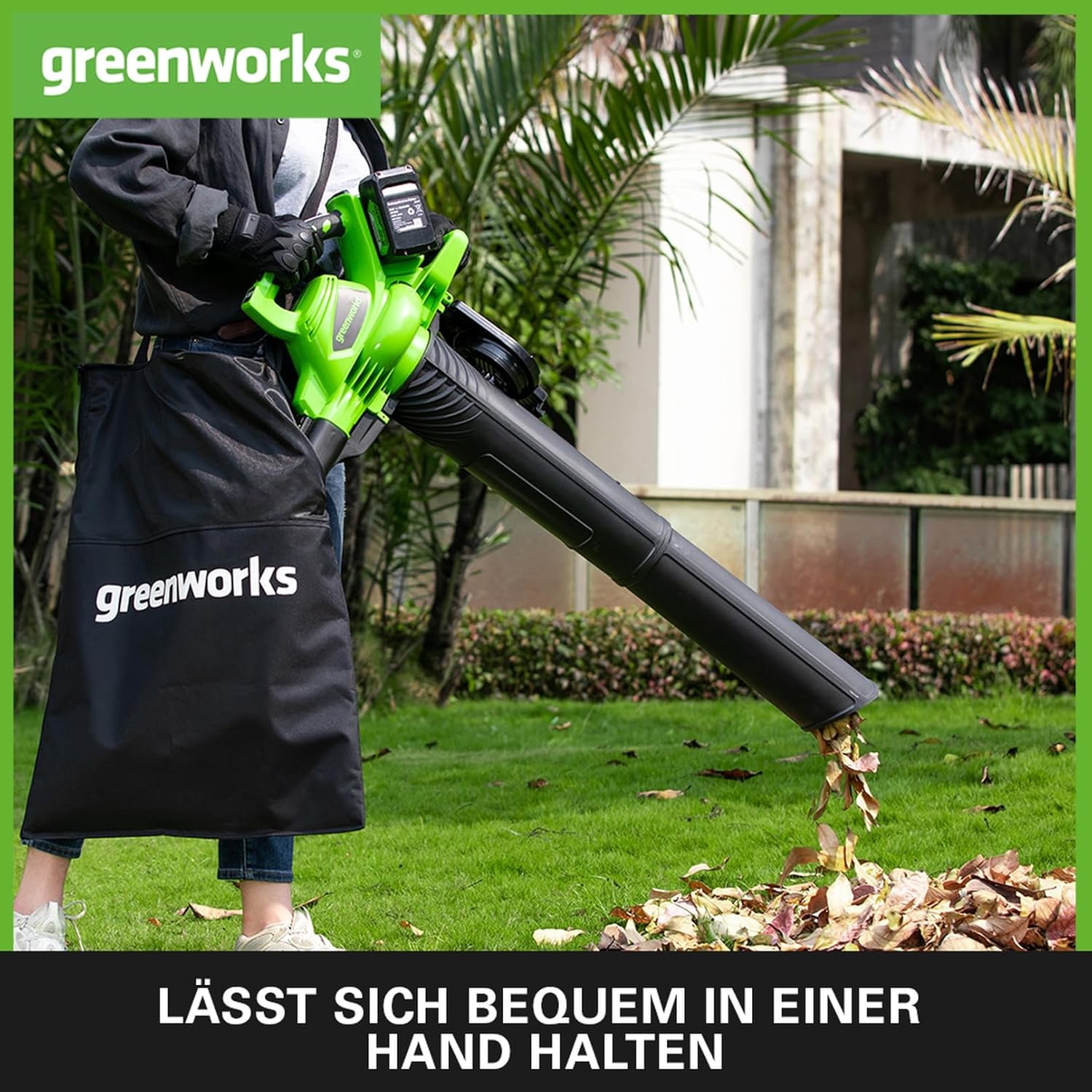 Greenworks 48V(2x24V) Akku Laubsauger / Laubblser mit Schultergurt, bürstenloser Motor, 322 km/h, 9 m/min, 45L Fangsack, zwei 4Ah Batterien & Ladegert, 3 Jahre Garantie GD24X2BVK4X – Bild 5