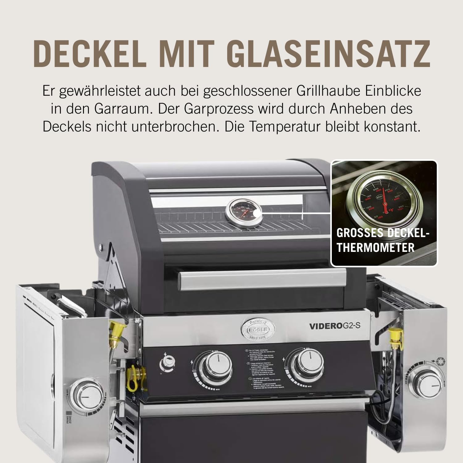 RÖSLE Elektrogrill BBQ-Portable Videro E2-P, tragbarer Tischgrill mit 2 Brennern, Warmhalterost und Deckel mit Glaseinsatz, pulverbeschichteter Stahl, schwarz/silbern – Bild 34