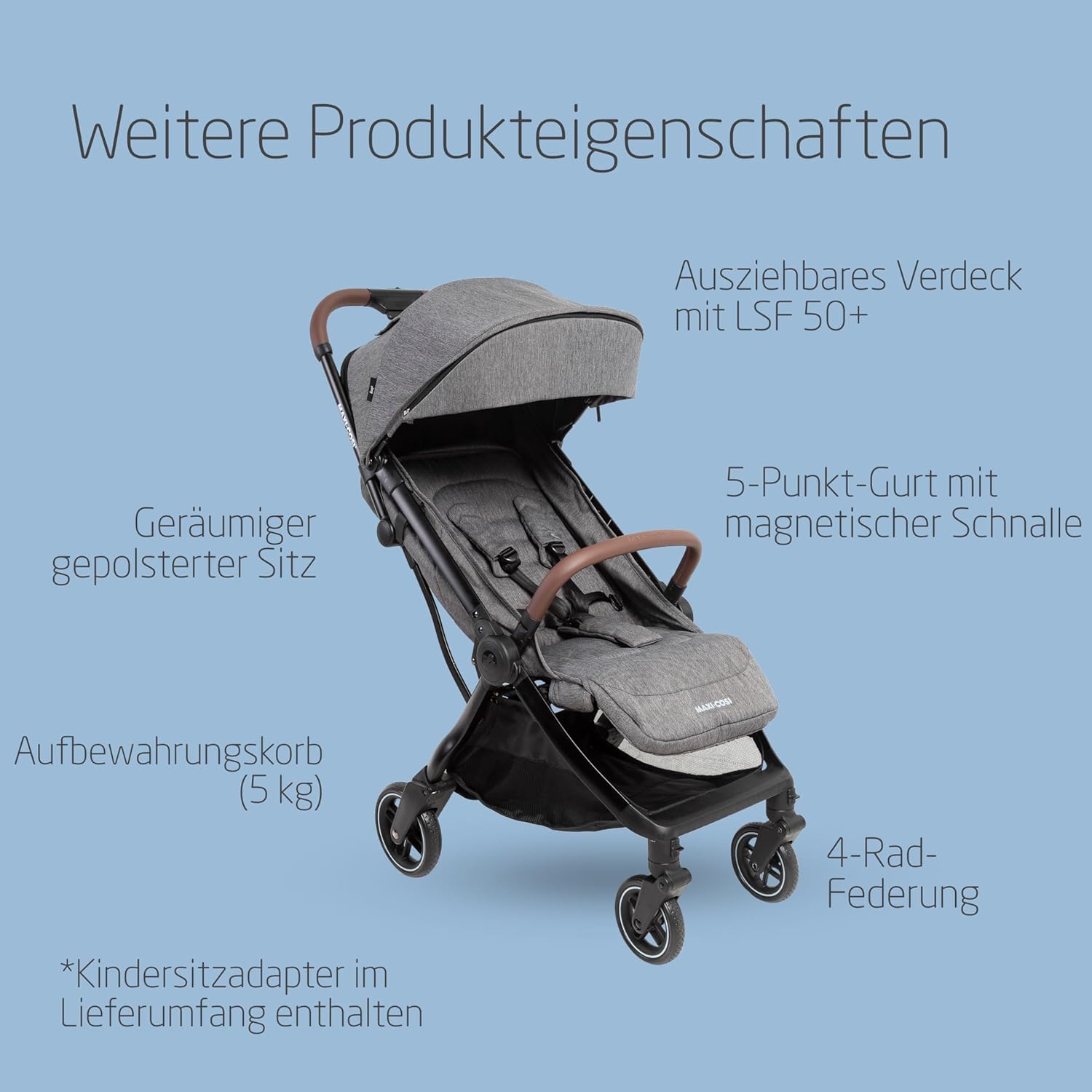 Maxi-Cosi Lara2 Baby Kinderwagen, 0–4 Jahre, 0–22 kg, federleichter, kompakter Buggy, 3 Liegepositionen, flache Liegeposition, klein zusammenklappbar, Schultergurt, Essential Graphite – Bild 20