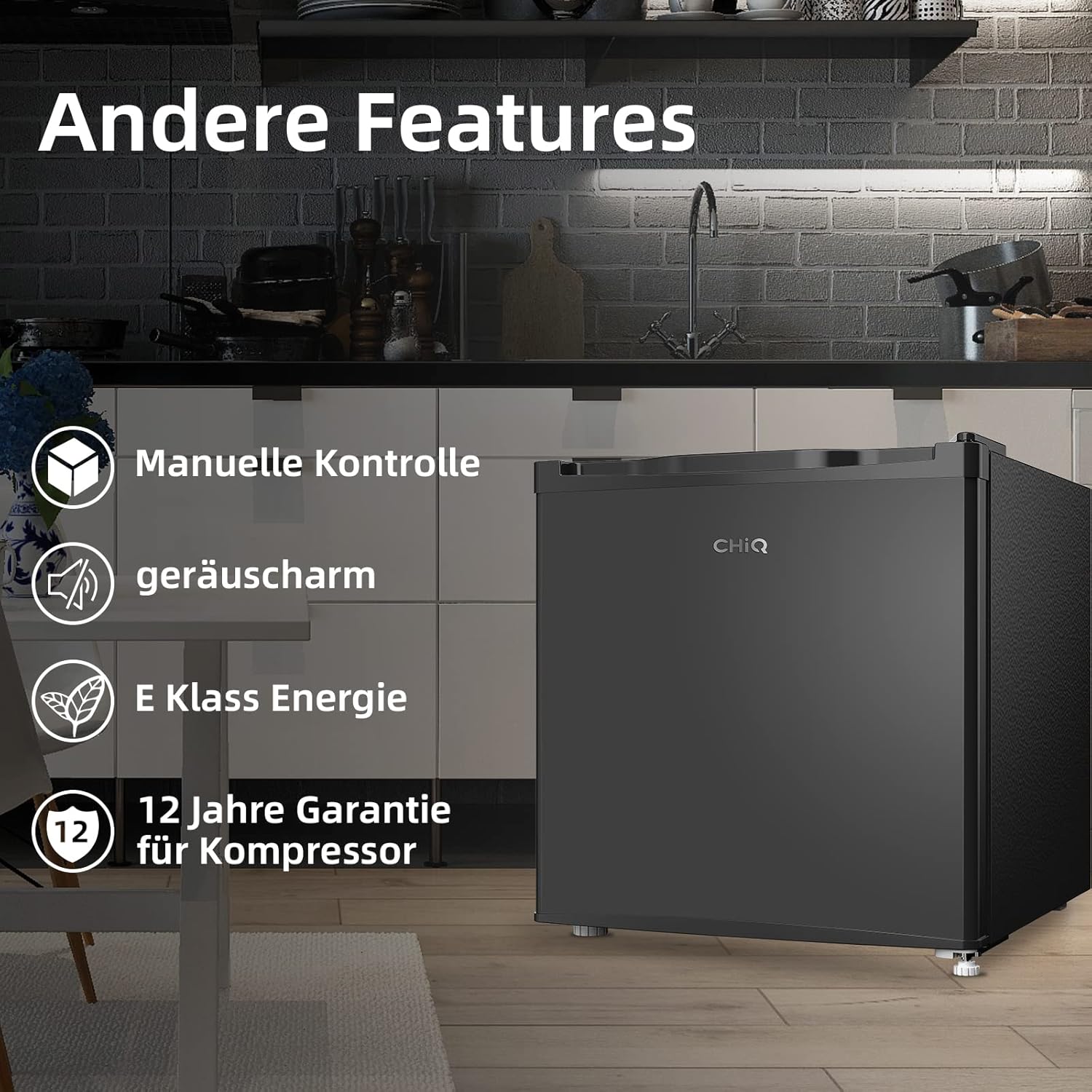 CHIQ Mini Bar Fridge 46 L, Mini Fridge, 49.6 x 47.4 x 44.7 cm (H x W x D), E Energy Consumption 80 kWh per Year, Very Quiet 39 dB – Bild 6