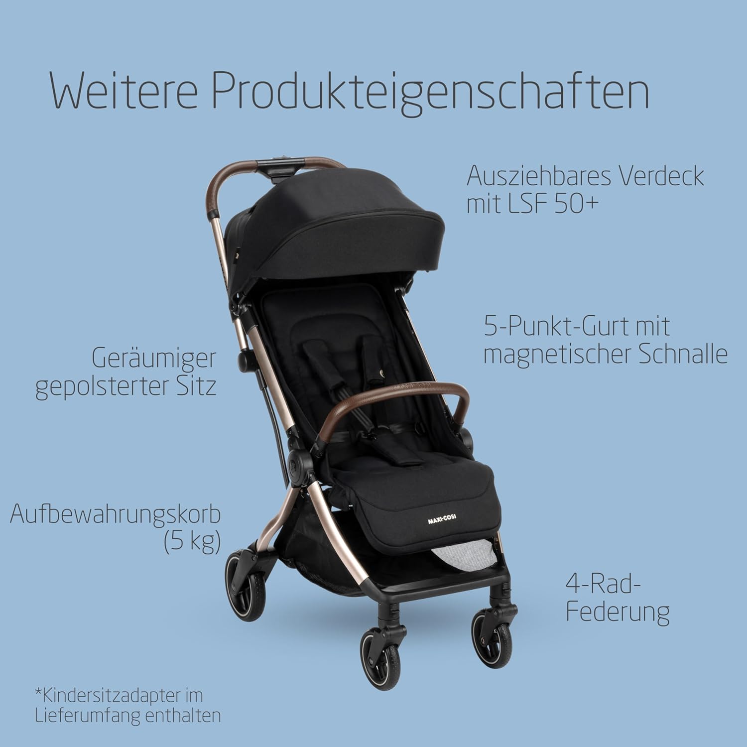 Maxi-Cosi Lara2 Baby Kinderwagen, 0–4 Jahre, 0–22 kg, federleichter, kompakter Buggy, 3 Liegepositionen, flache Liegeposition, klein zusammenklappbar, Schultergurt, Essential Graphite – Bild 30