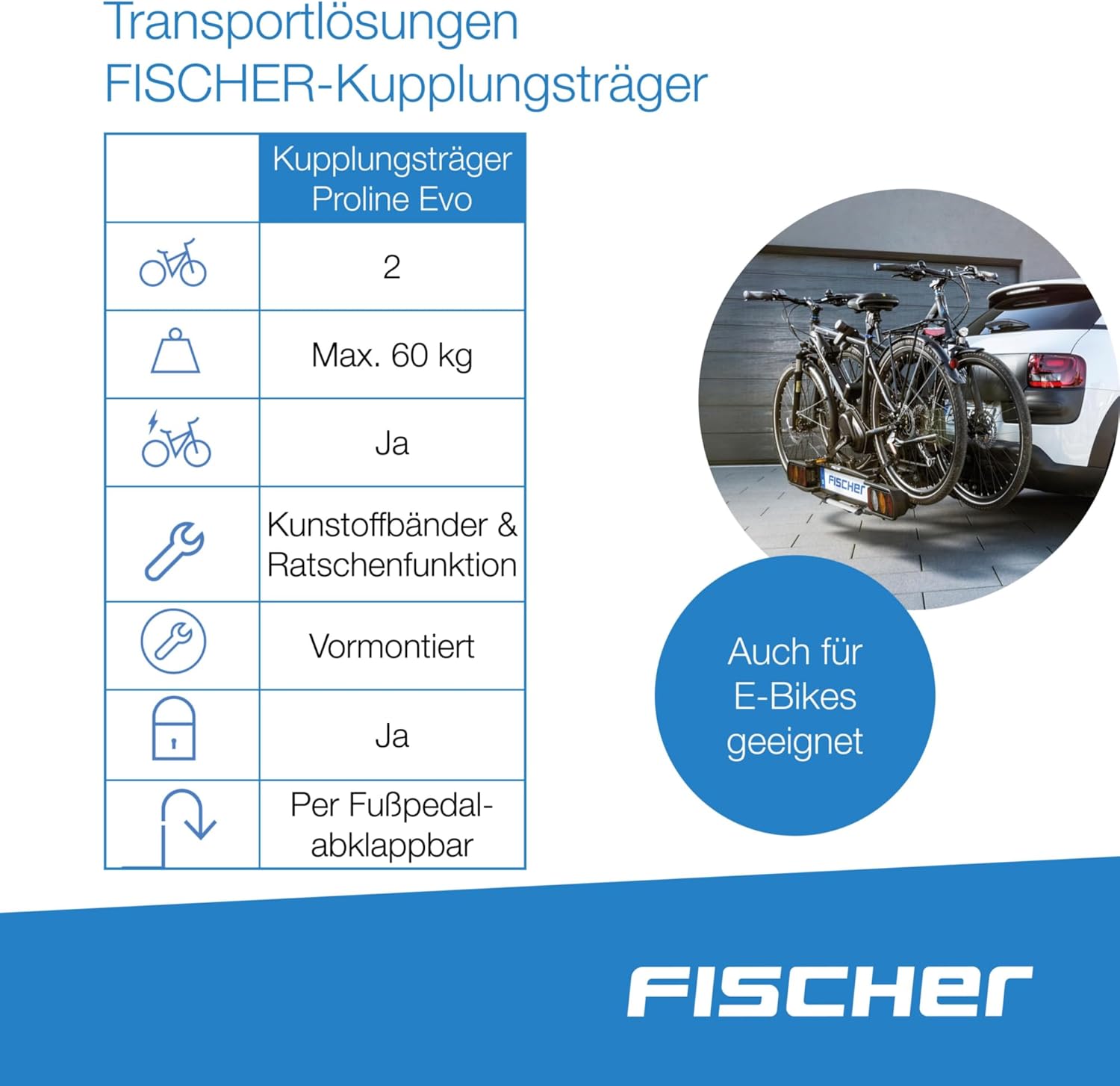 Fischer Kupplungs-Fahrradträger ProlineEvo 2, für 2 Fahrräder bis 60kg Nutzlast, E-Bike geeignet, vormontiert, abschließbar, faltbar – Bild 6