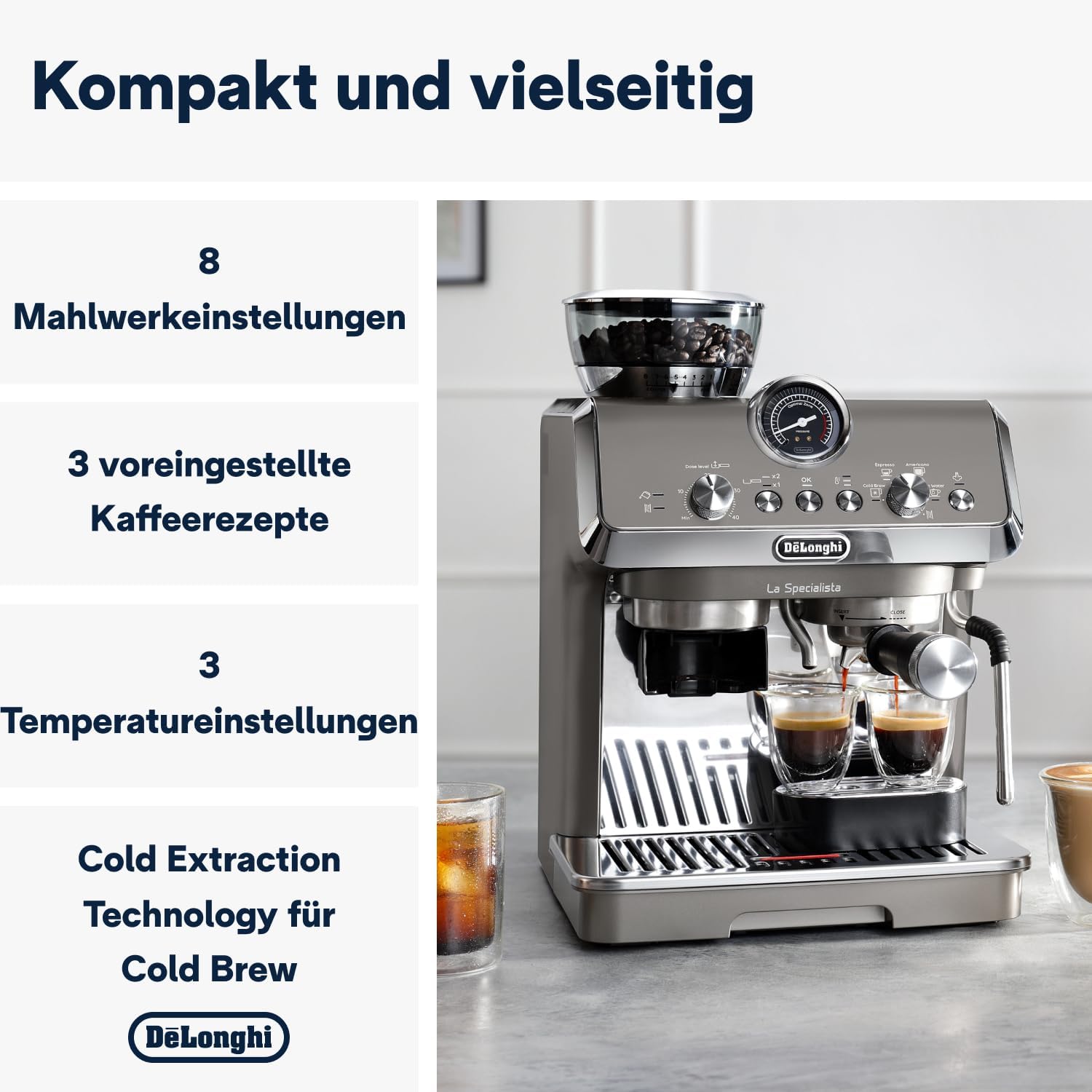 De'Longhi La Specialista Arte EC9155.MB Siebtrgermaschine, Espressomaschine mit Mahlwerk, 8 Mahlgrade, 15 Bar, 3 Temperaturen, Milchschaumdüse, 1300 W, 1,5 l Tank, Edelstahl/Schwarz inkl. Barista-Kit – Bild 11