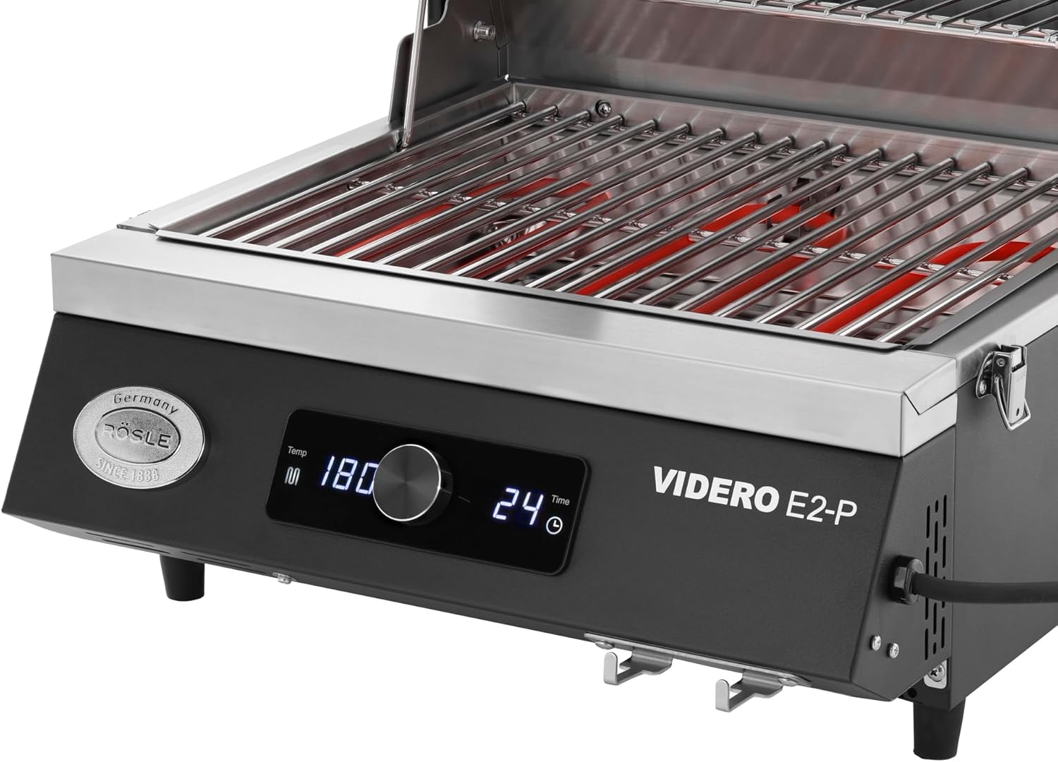 RÖSLE Elektrogrill BBQ-Portable Videro E2-P, tragbarer Tischgrill mit 2 Brennern, Warmhalterost und Deckel mit Glaseinsatz, pulverbeschichteter Stahl, schwarz/silbern – Bild 54
