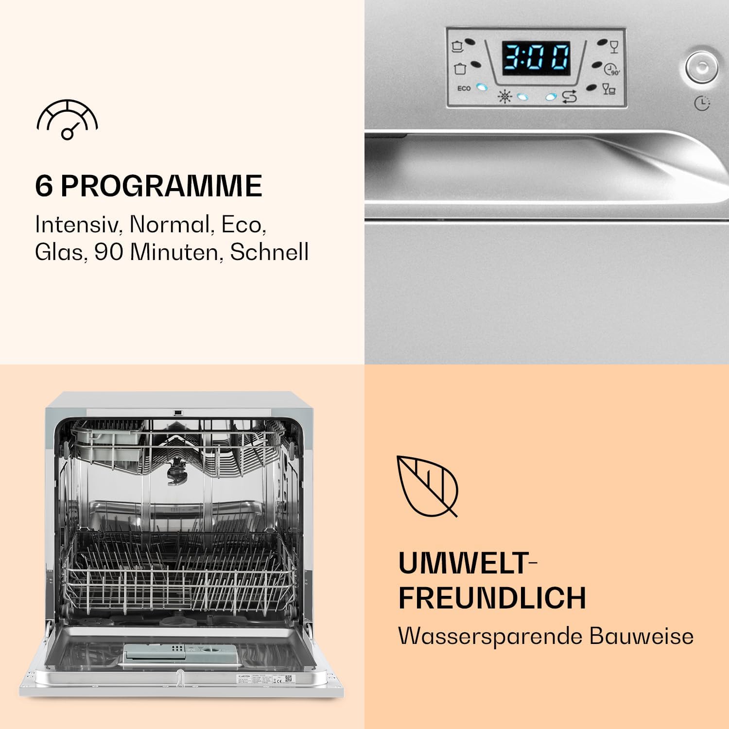 Klarstein ia 8 - Spülmaschine, Geschirrspüler, Freistehend, Teilintegriert, F, 55 cm breit, 8 Maßgedecke, 6 Programme, Aquastop, silber – Bild 73