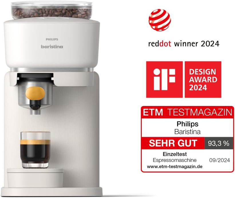 Philips Baristina Espressomaschine - Real Espresso- made simple. Kompakte Kaffeemaschine- Naturweiß mit weißem Siebträger- 16-bar-Pumpendruck- automatisches Mahlwerk- Cafe Crema (BAR300/00) – Bild 36