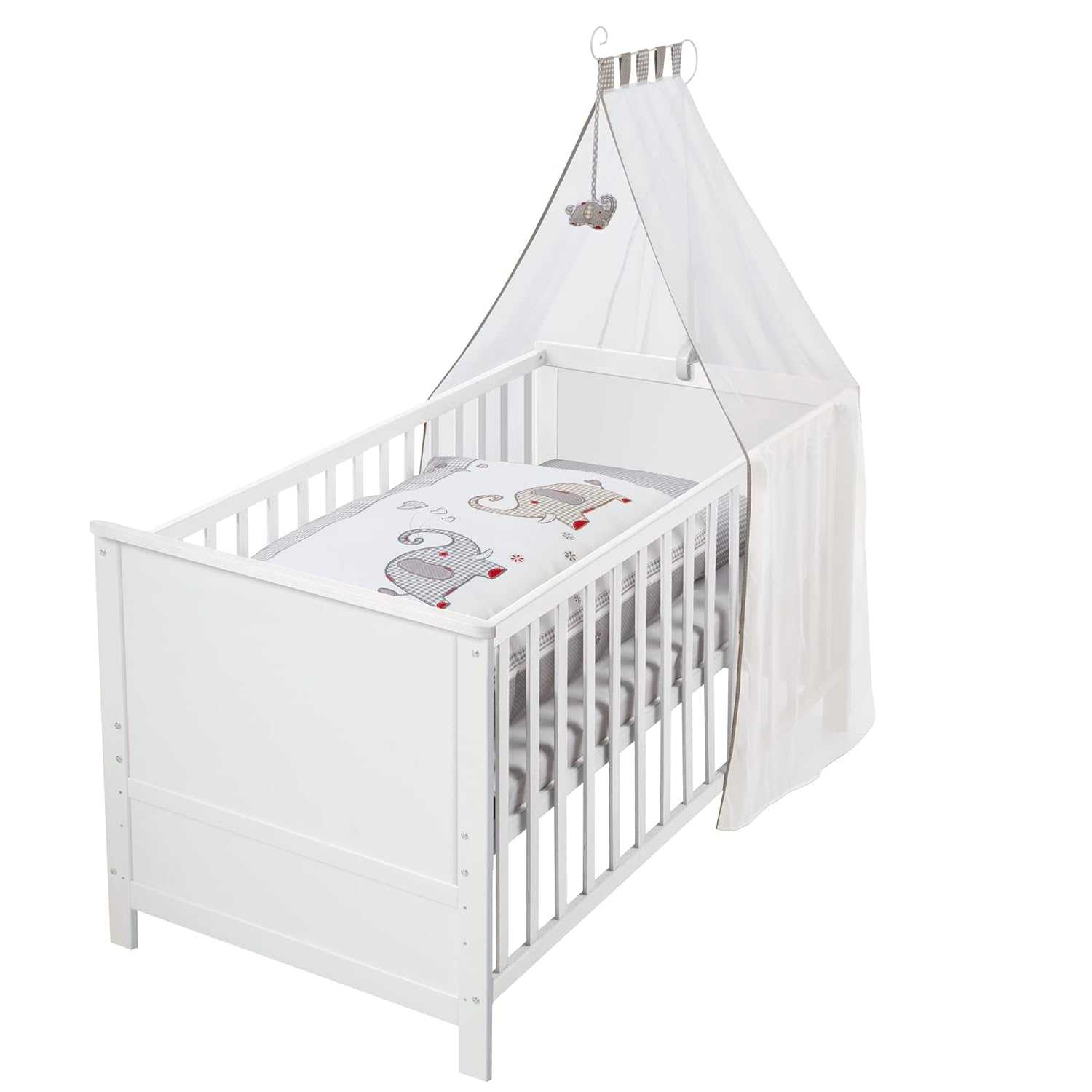 roba Babybett Set Adam & Eule - 70 x 140 cm - Mitwachsendes Kinderbett mit Bettwäsche, Himmel, Matratze - Höhenverstellbar - zu Juniorbett umbaubar - Holz weiß – Bild 4